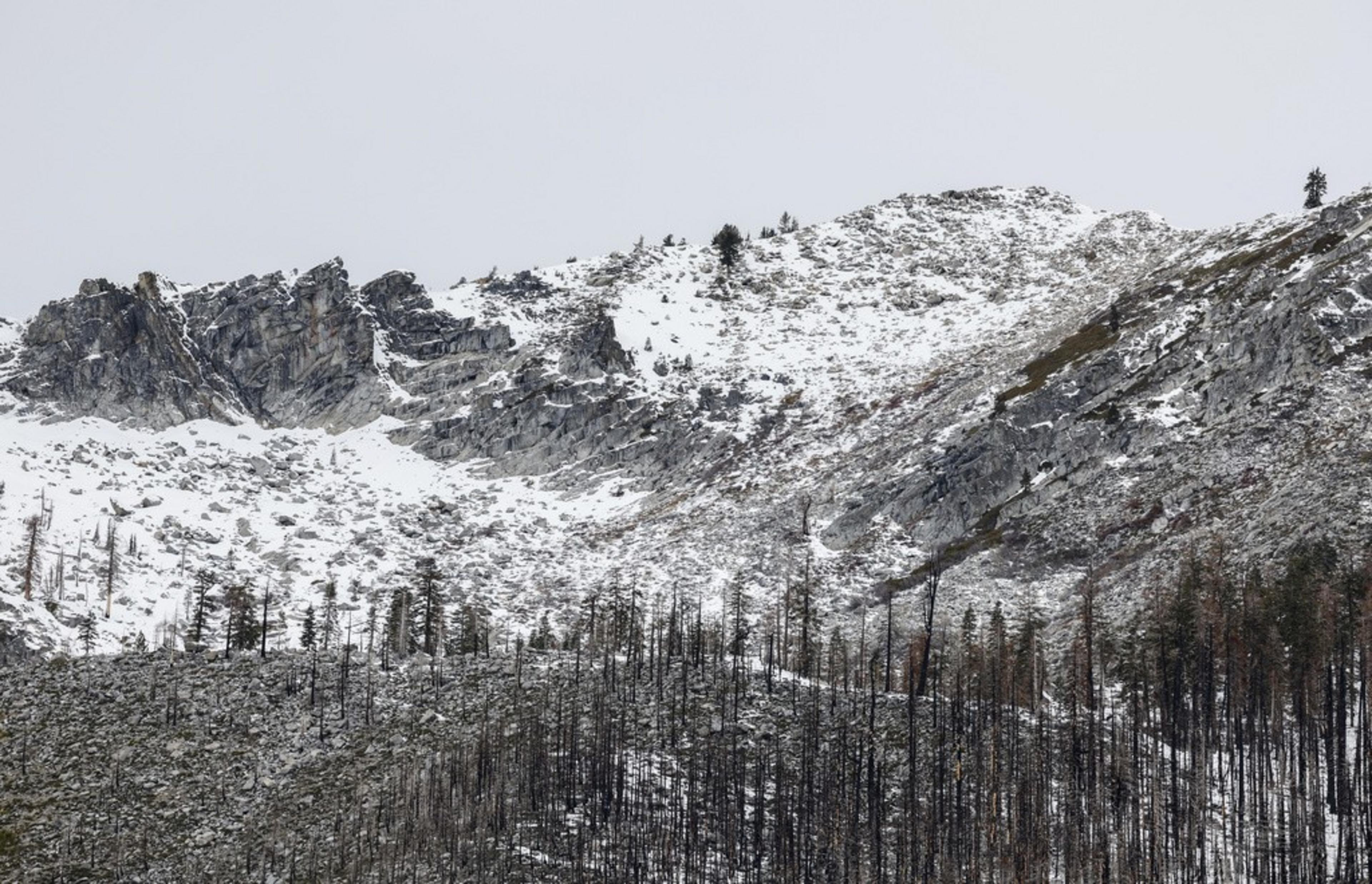 The snow level on a mountain peak is seen near the meadow where the first snow survey of the year took place in Phillips Station, California.