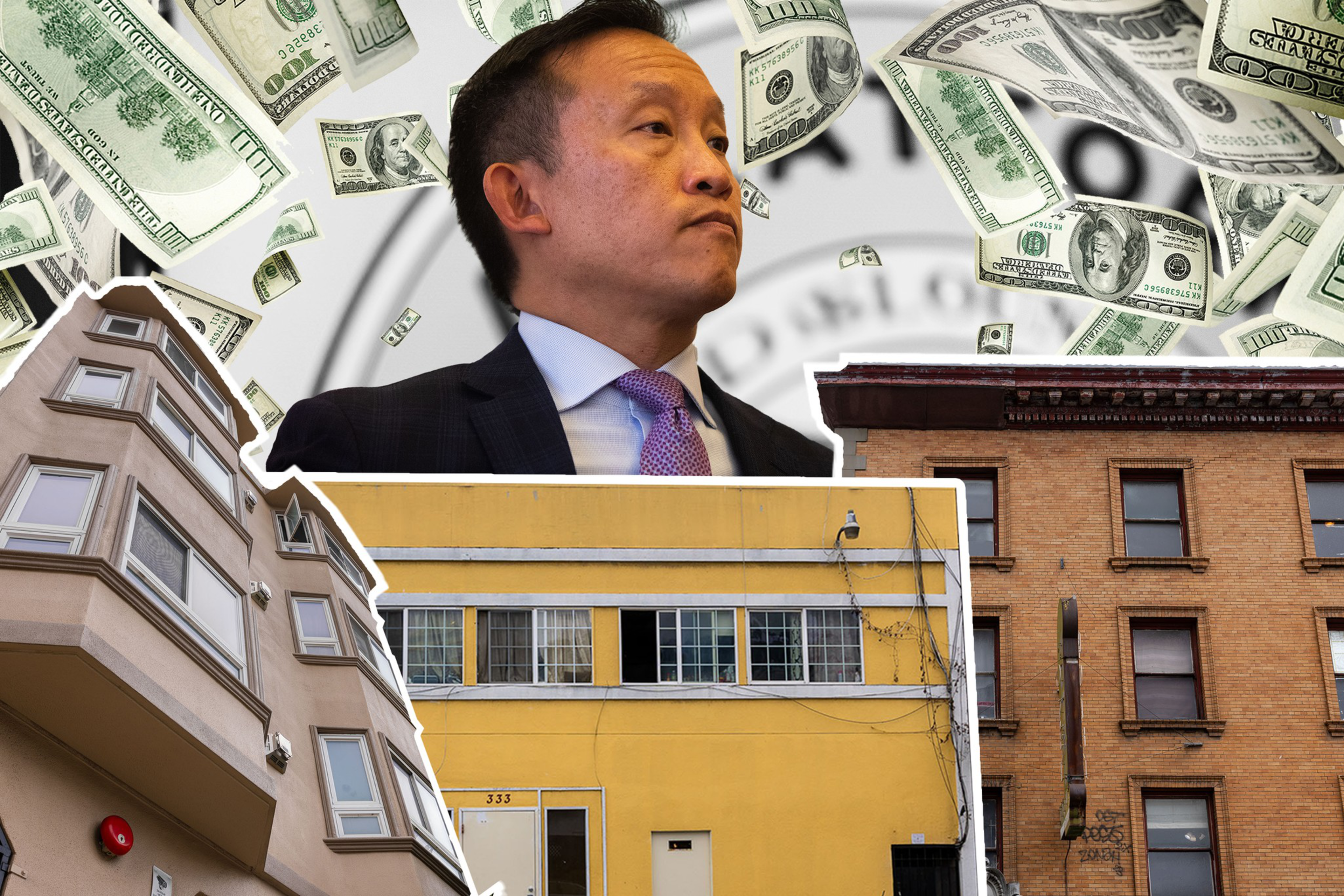 A collage of a man in a suit, several buildings (one tan, one yellow, one brick), and falling dollar bills in the background.