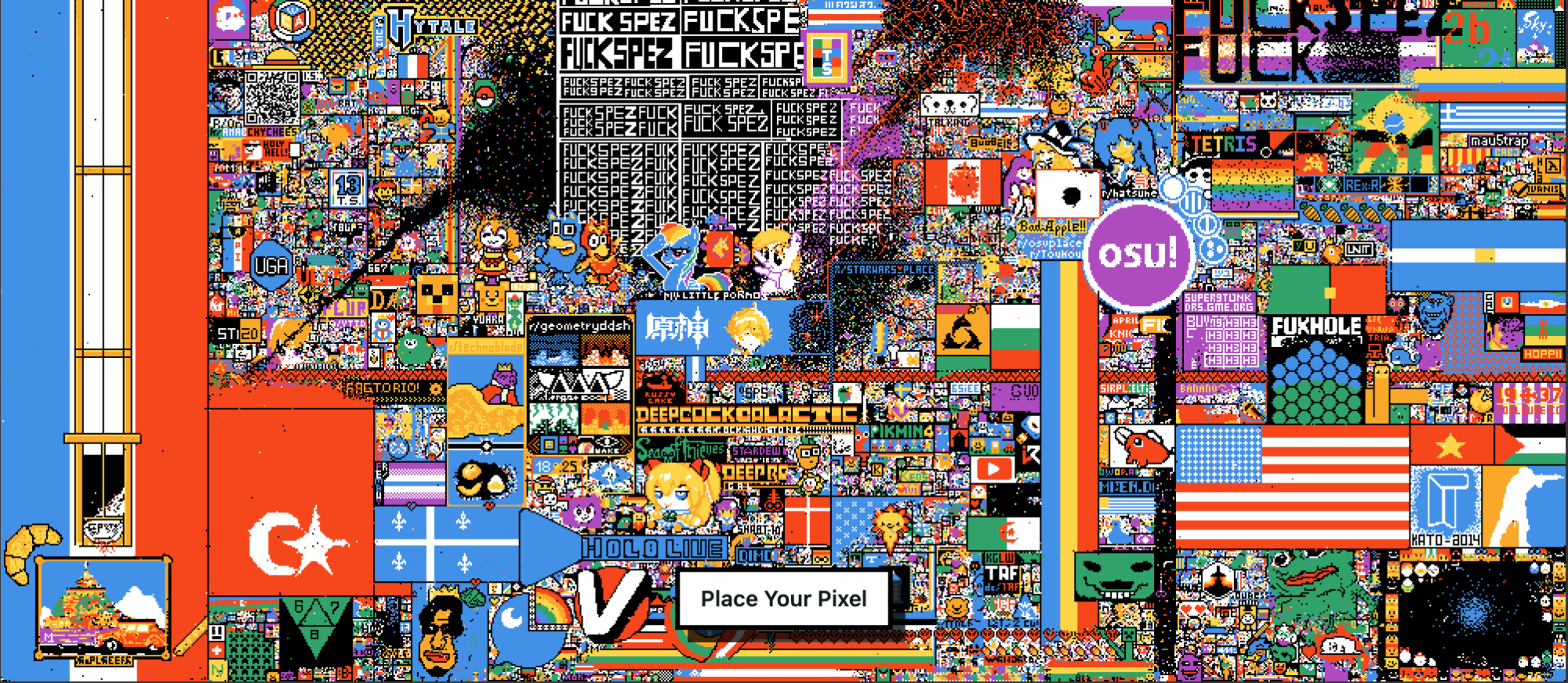 A dense pixel art collage features flags, text, logos, characters, and symbols from various cultures, games, and communities with a "Place Your Pixel" prompt in the center.