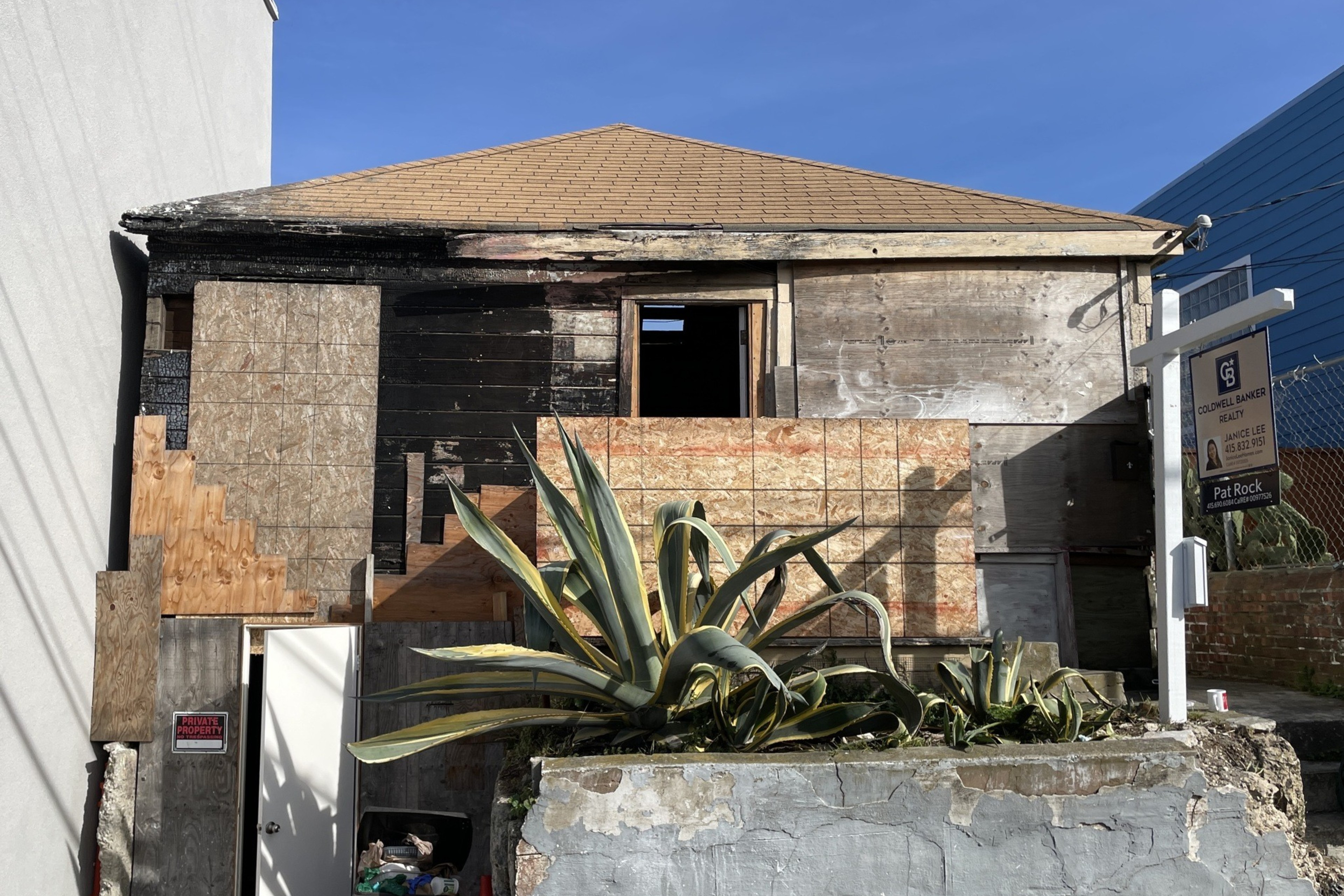 A weathered house with boarded windows and a partial roof, featuring charred wood and a large agave plant in front, stands between two modern buildings.