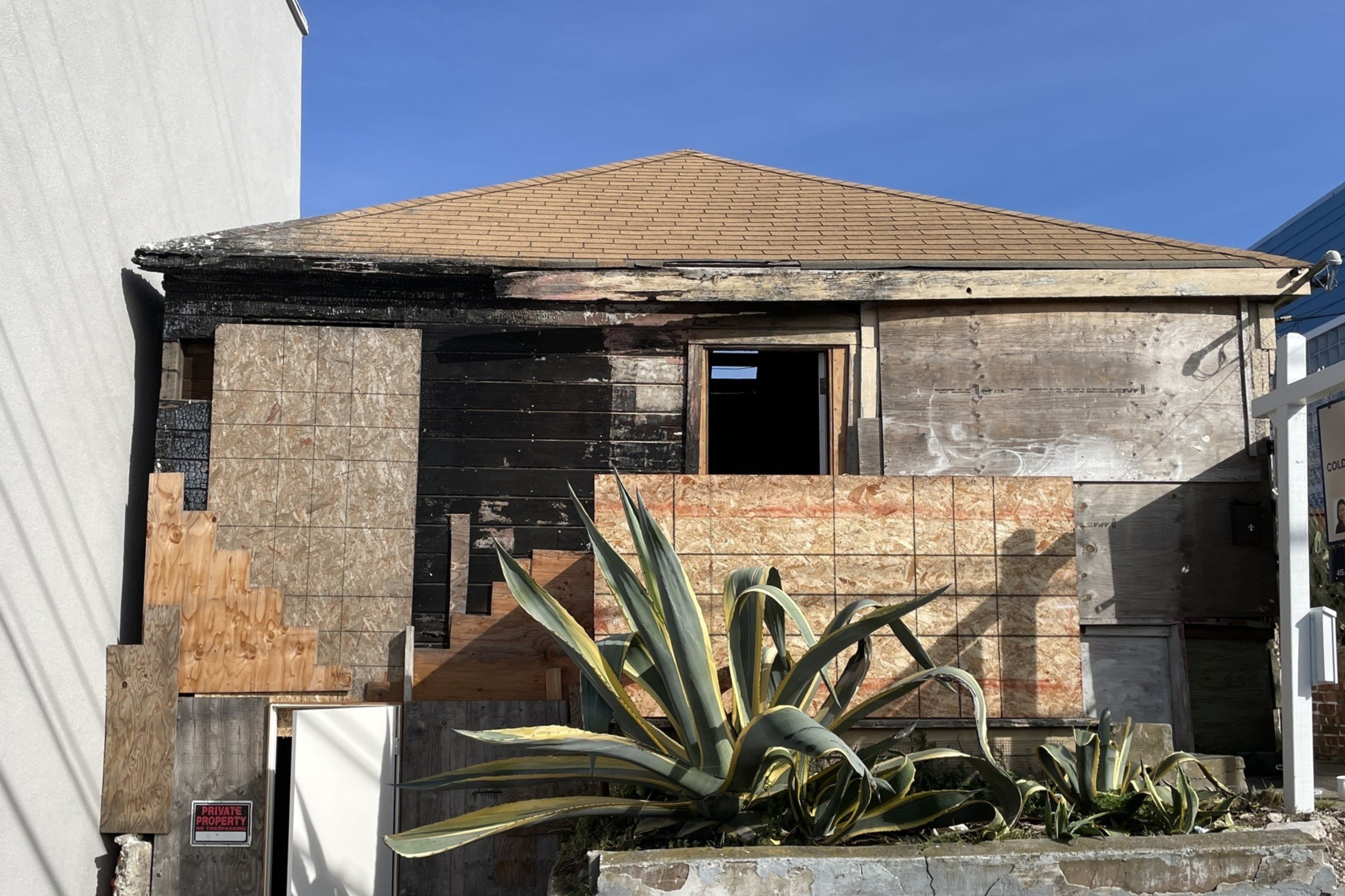 A weathered house with boarded windows and a partial roof, featuring charred wood and a large agave plant in front, stands between two modern buildings.