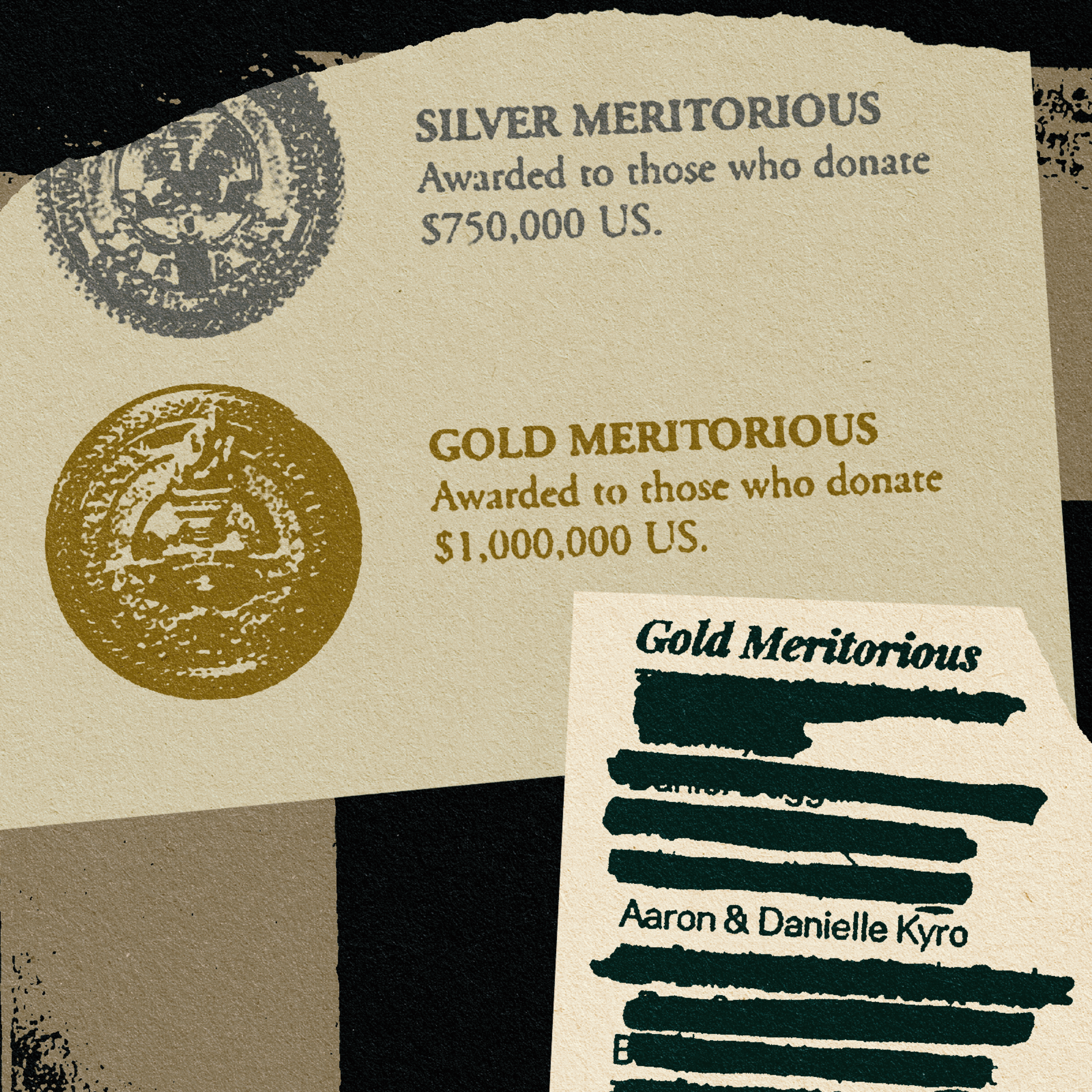 The image displays two sections: &quot;Silver Meritorious&quot; for $750,000 donations and &quot;Gold Meritorious&quot; for $1,000,000 donations. A list shows censored names.
