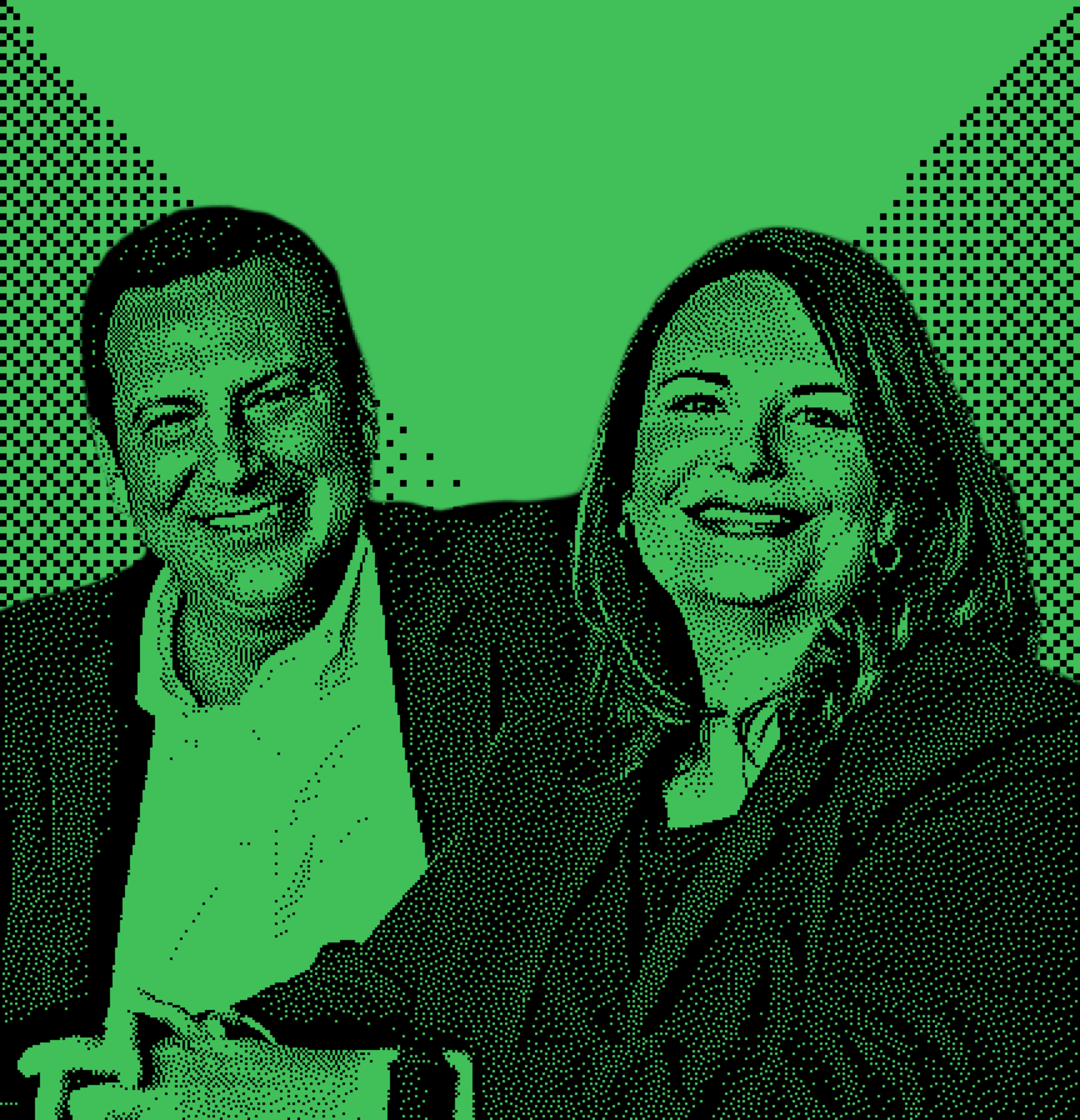 The image shows a man and a woman smiling, both dressed in suits. The image uses a green halftone effect with a mix of dots and solid color.