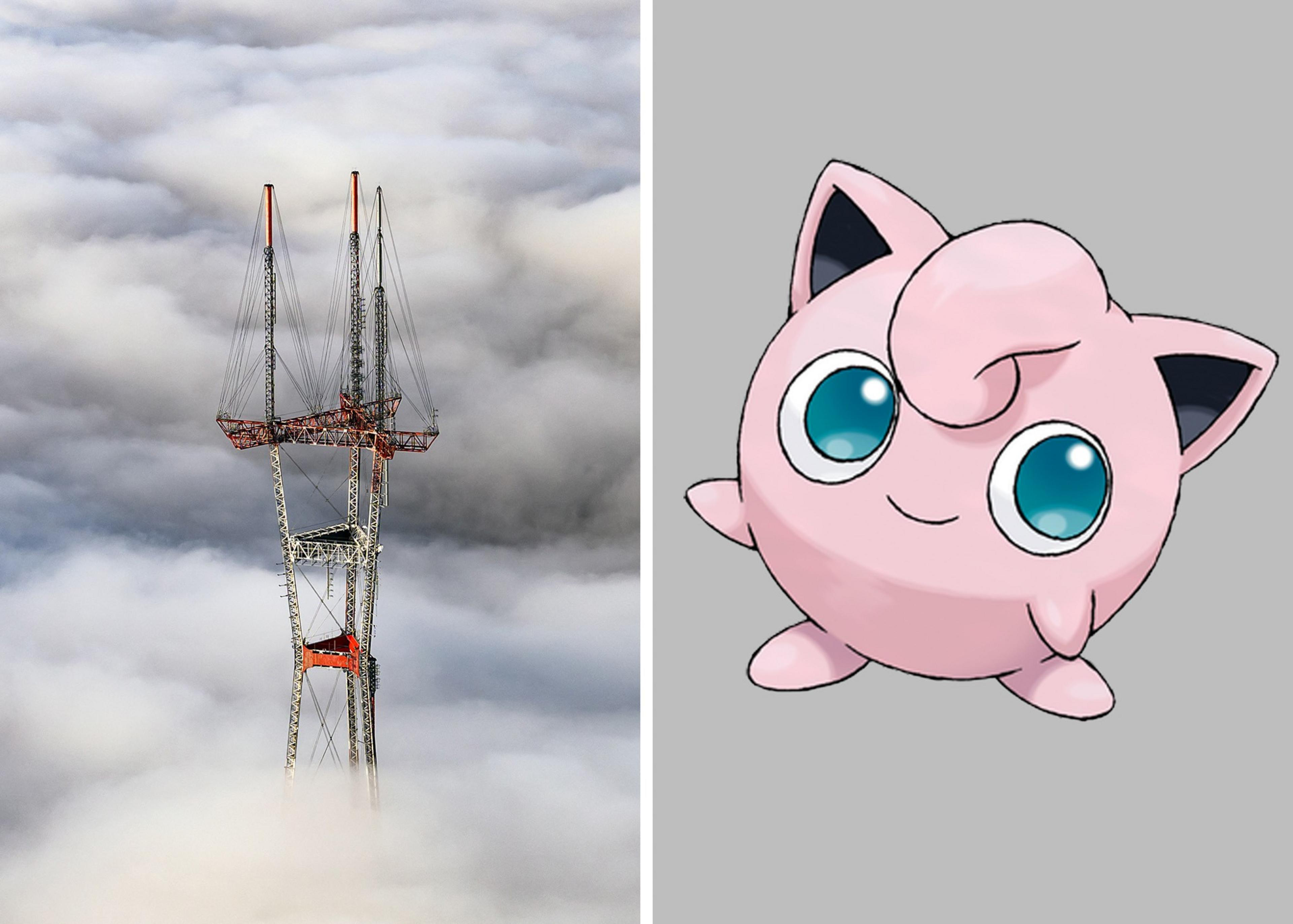 The image is split into two. Left shows a tall transmission tower rising above clouds. Right features a cute, pink, round character with large blue eyes and pointy ears.