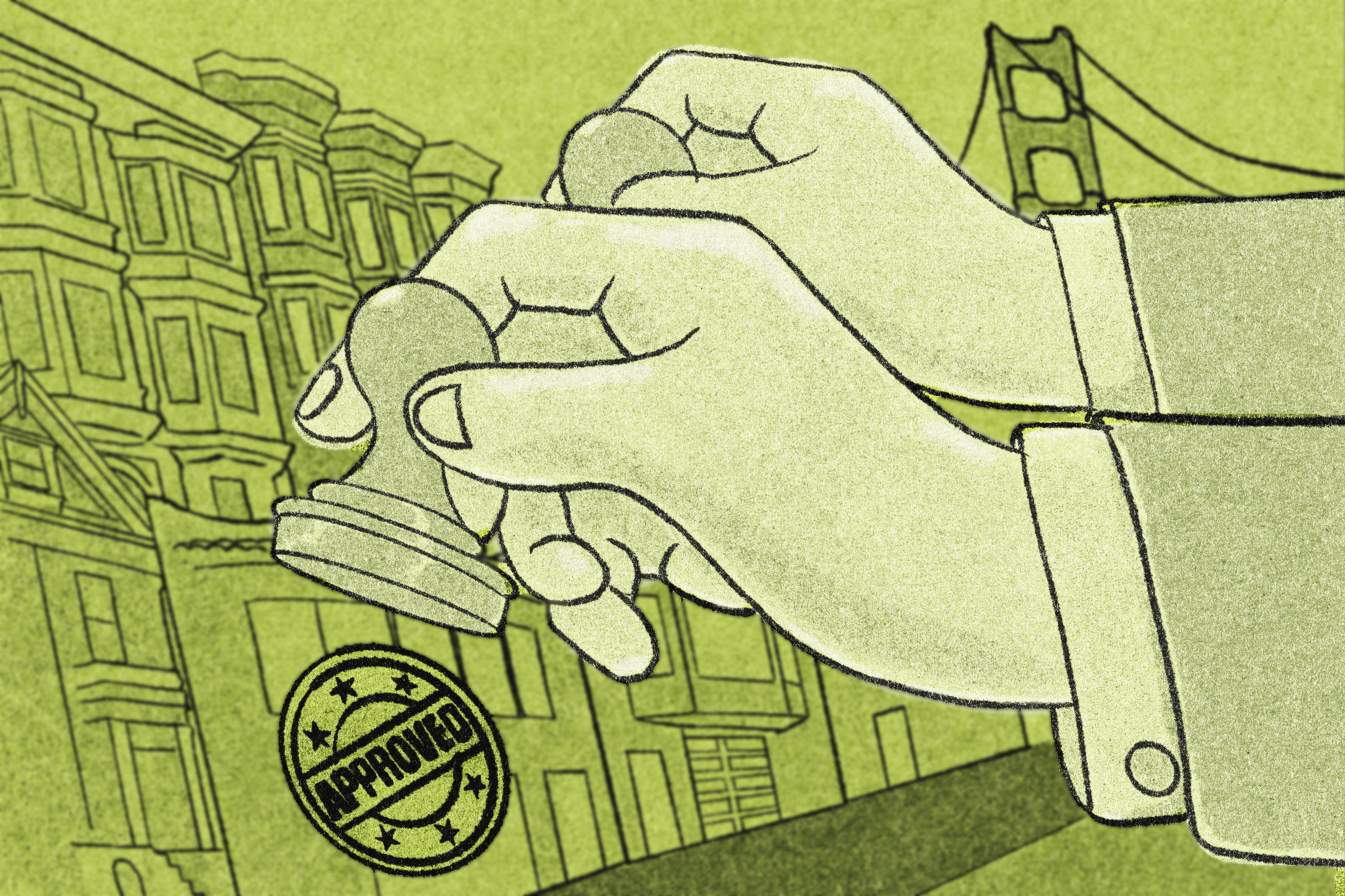 A hand stamps "APPROVED" on a green-toned illustration featuring classic Victorian houses and the outline of a bridge in the background.