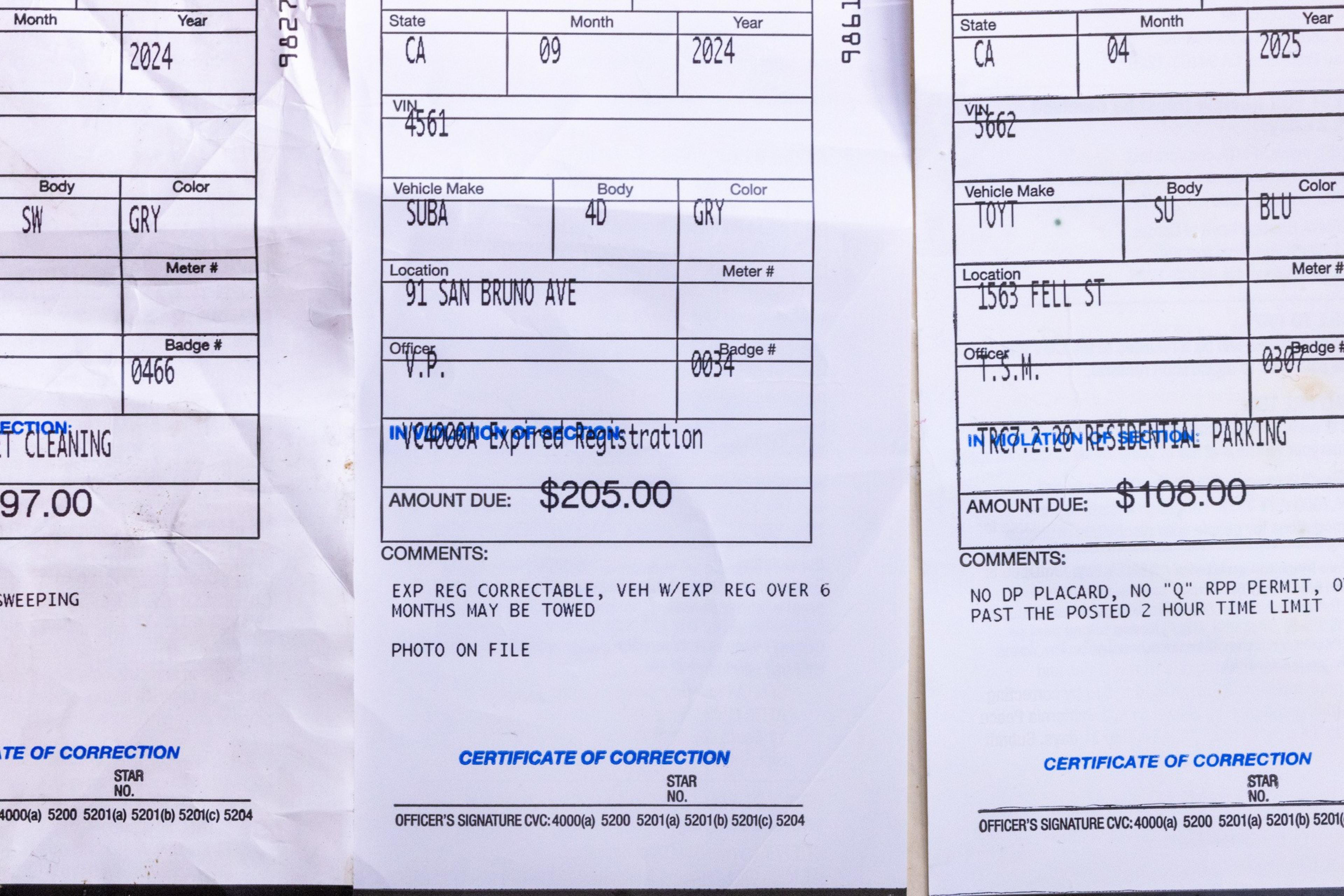The image shows three parking violation tickets from California with details like vehicle make, location, amount due, and violation reasons, each requiring a correction certificate.