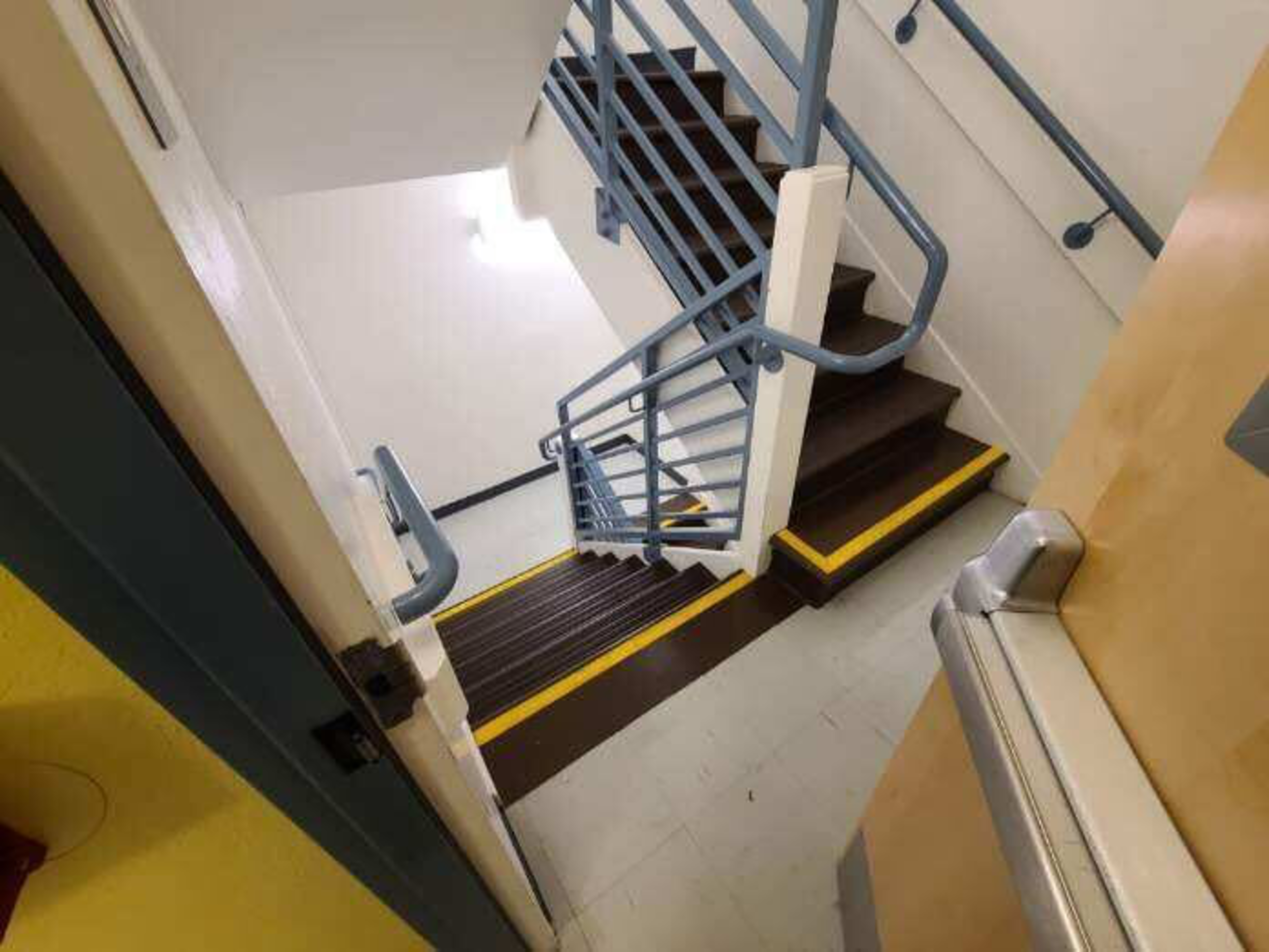 A stairwell with dark brown steps outlined in yellow is viewed from an open door, with light gray walls and blue handrails on both sides.
