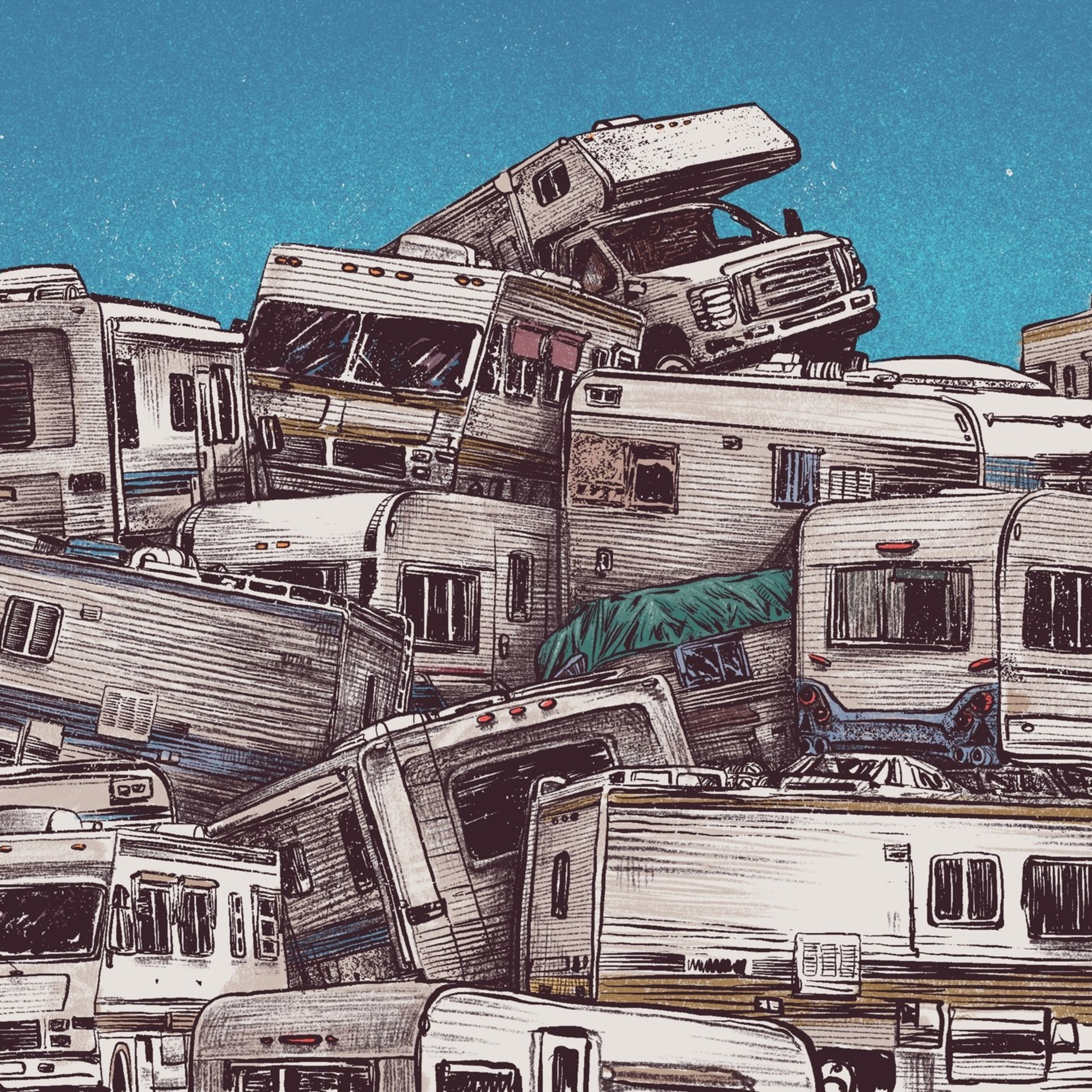 An illustration of a pile of RVs