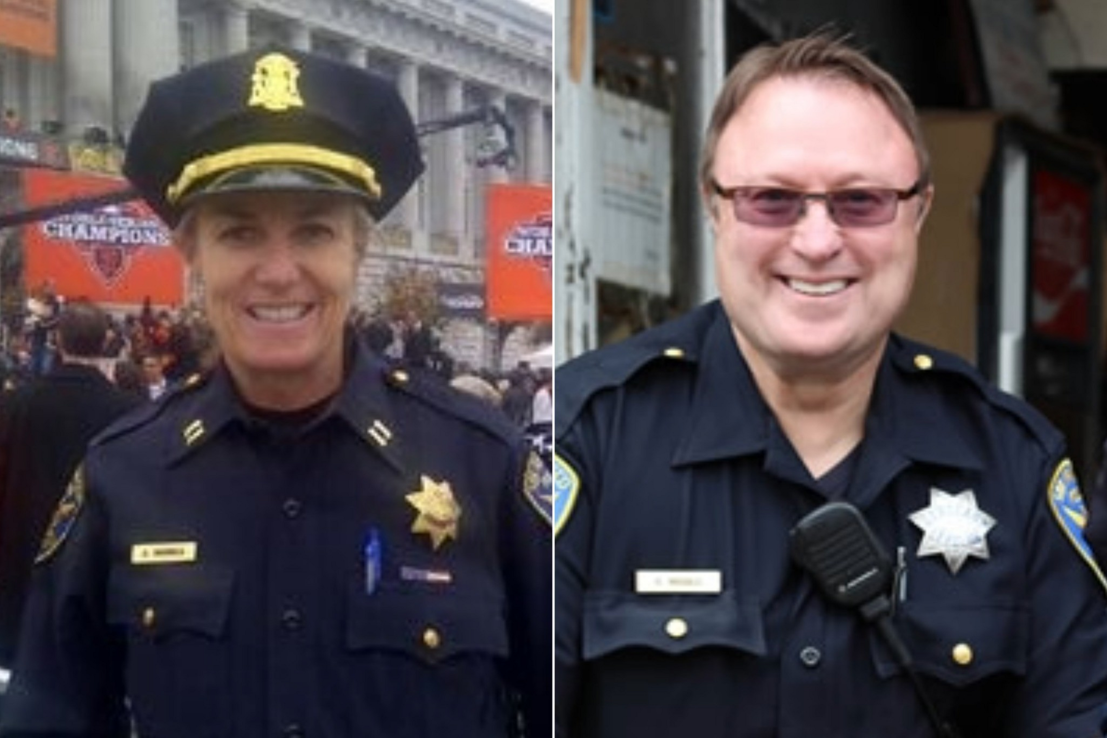 A smiling female police officer wearing a hat stands outdoors at an event, and a smiling male police officer with glasses and a radio stands indoors.
