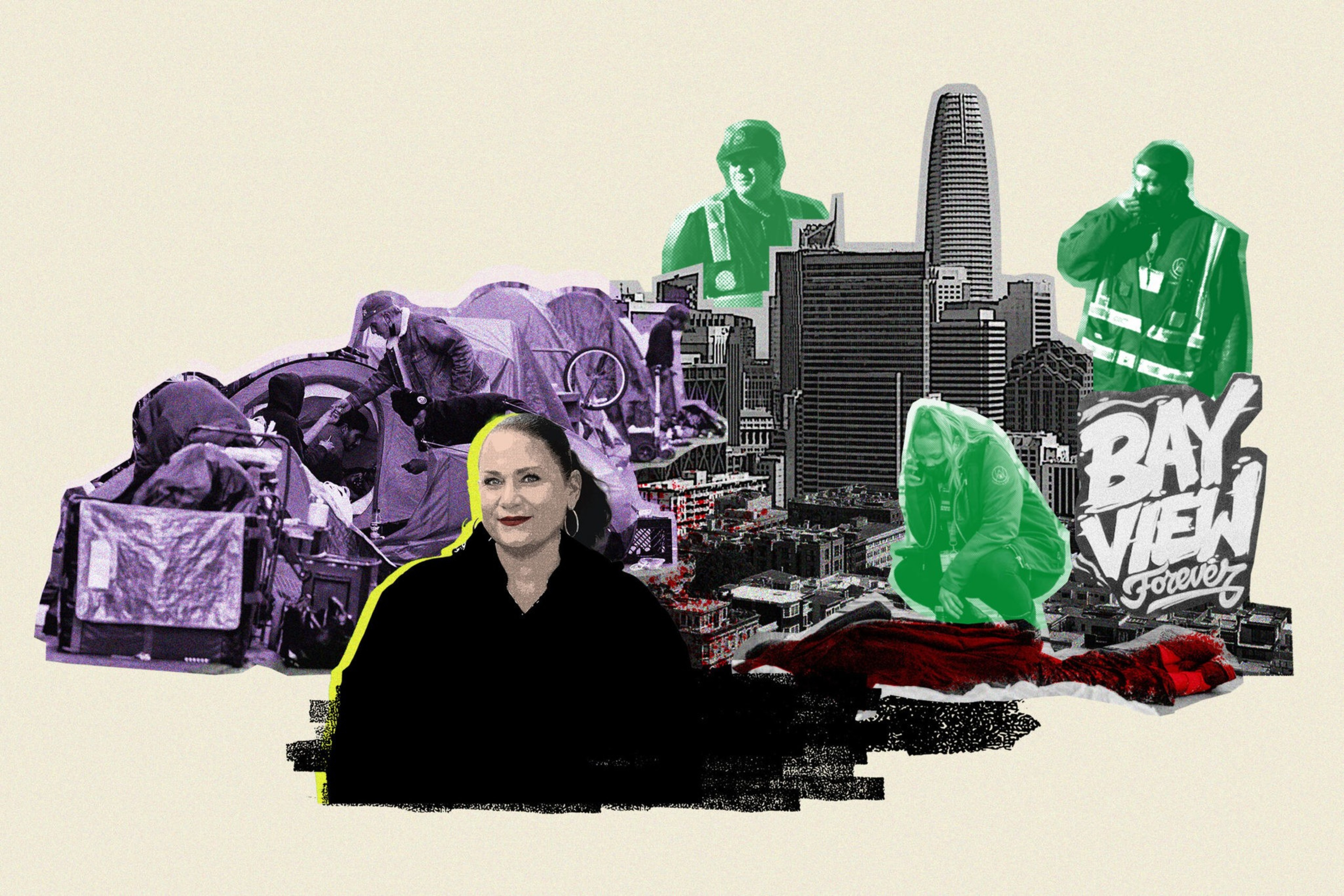 A woman in black sits in front of a cityscape with tents, police officers, and the text "Bay View Forever" in a collage style.