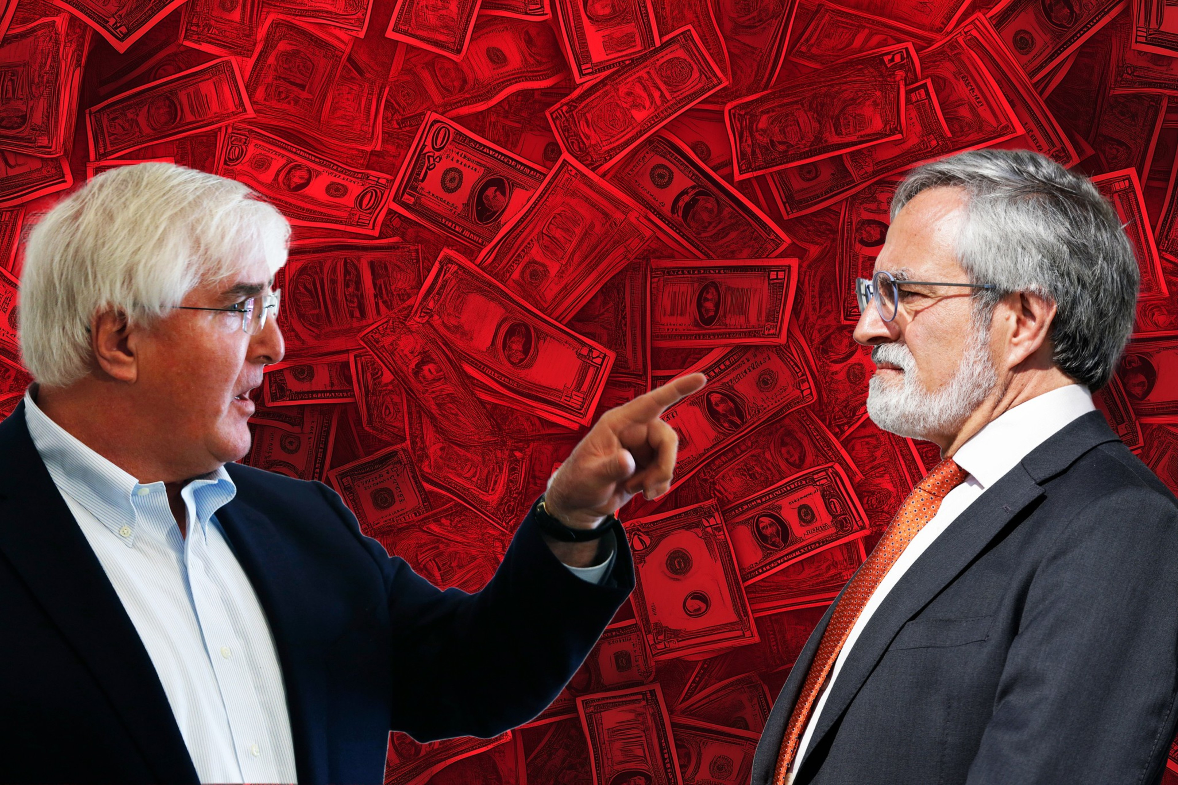 An illustration with a photo of two white men. On the left, Ron Conway in a dress shirt jabs a finger forward, on the right, Supervisor Aaron Peskin stands defiantly.
