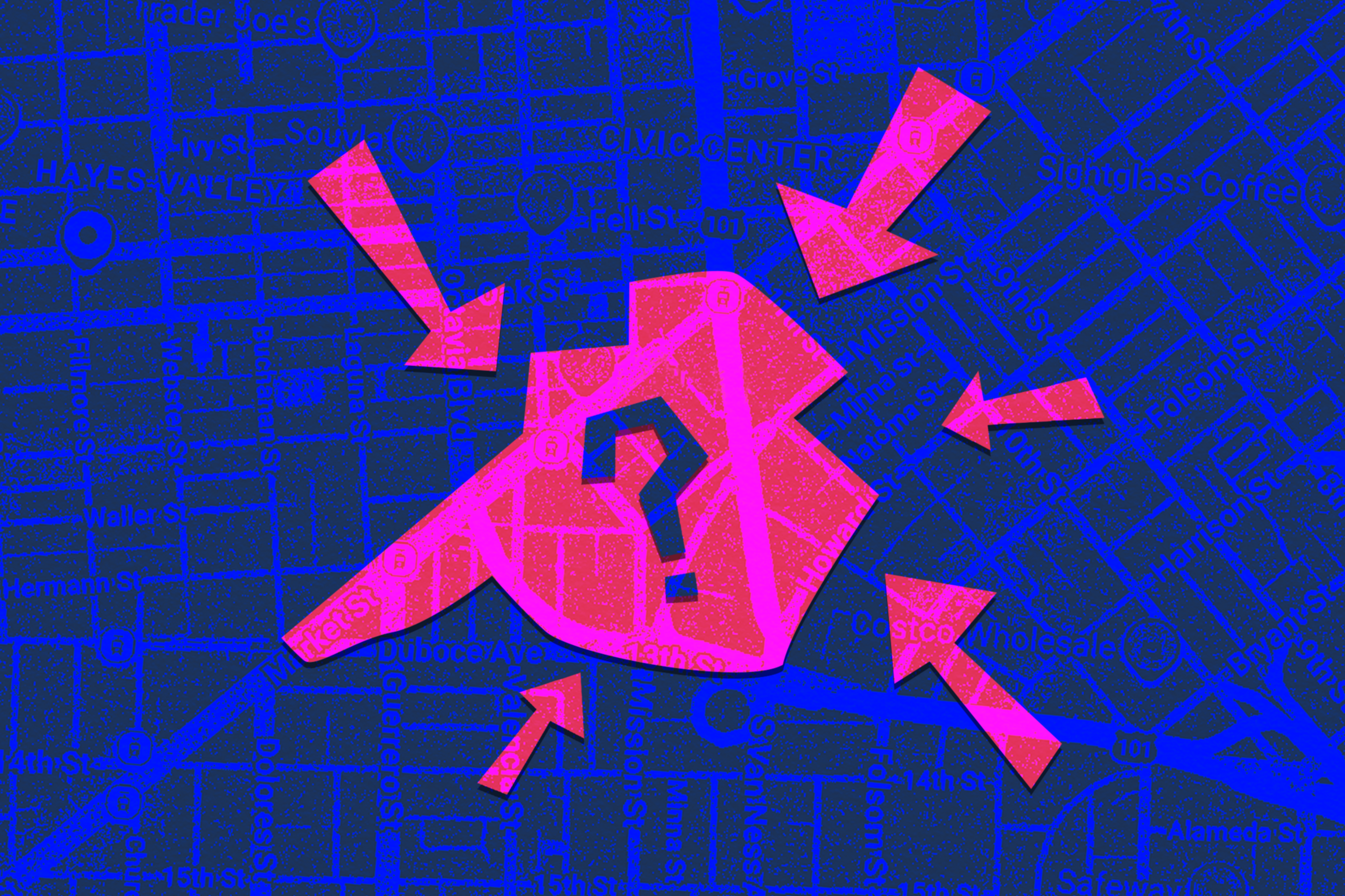 A map with a highlighted area marked by a large question mark and five pink arrows pointing towards it from different directions.