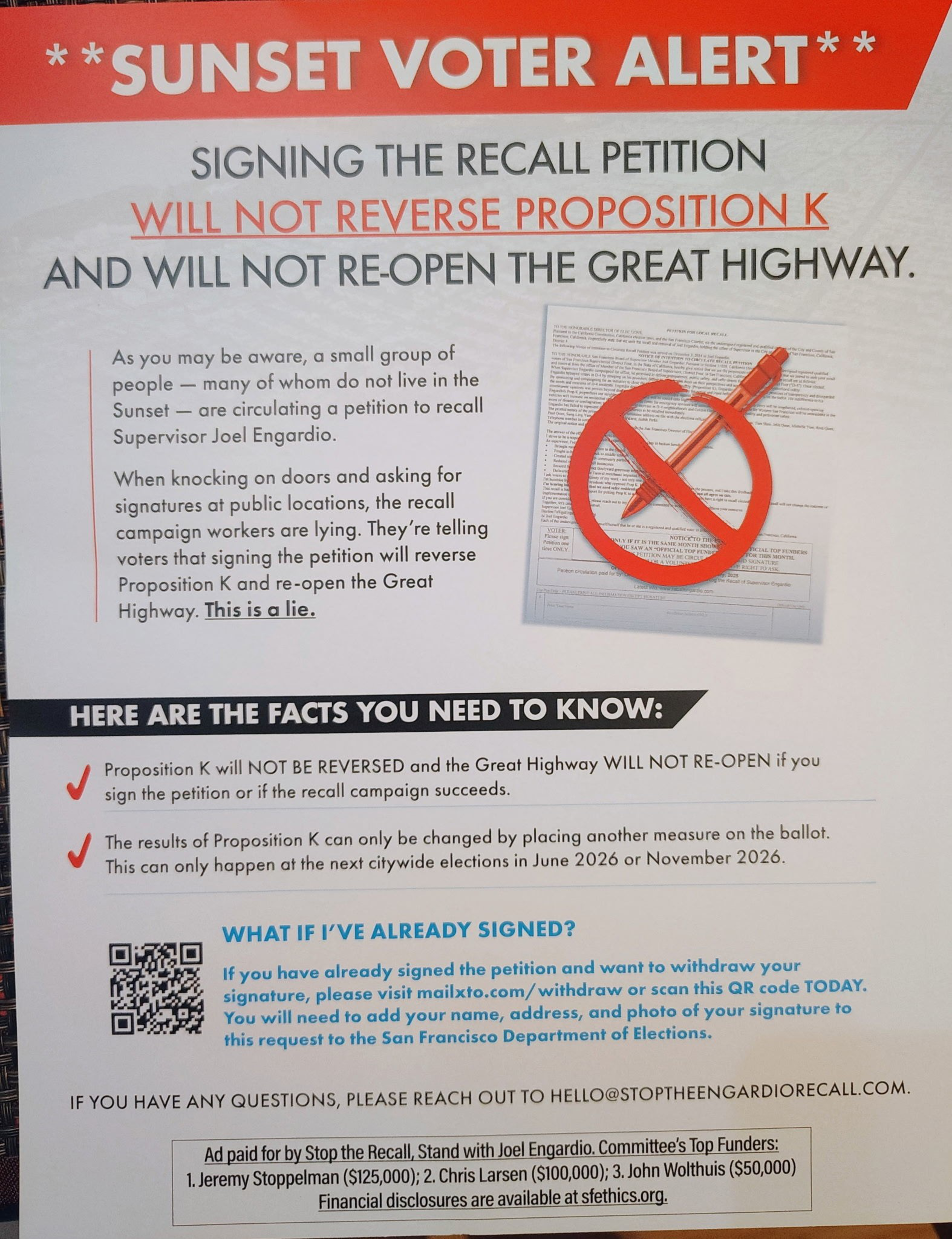 The image is a flyer warning against signing a recall petition, stating it won't reverse Proposition K or reopen the Great Highway. It includes contact information and refutes misinformation.