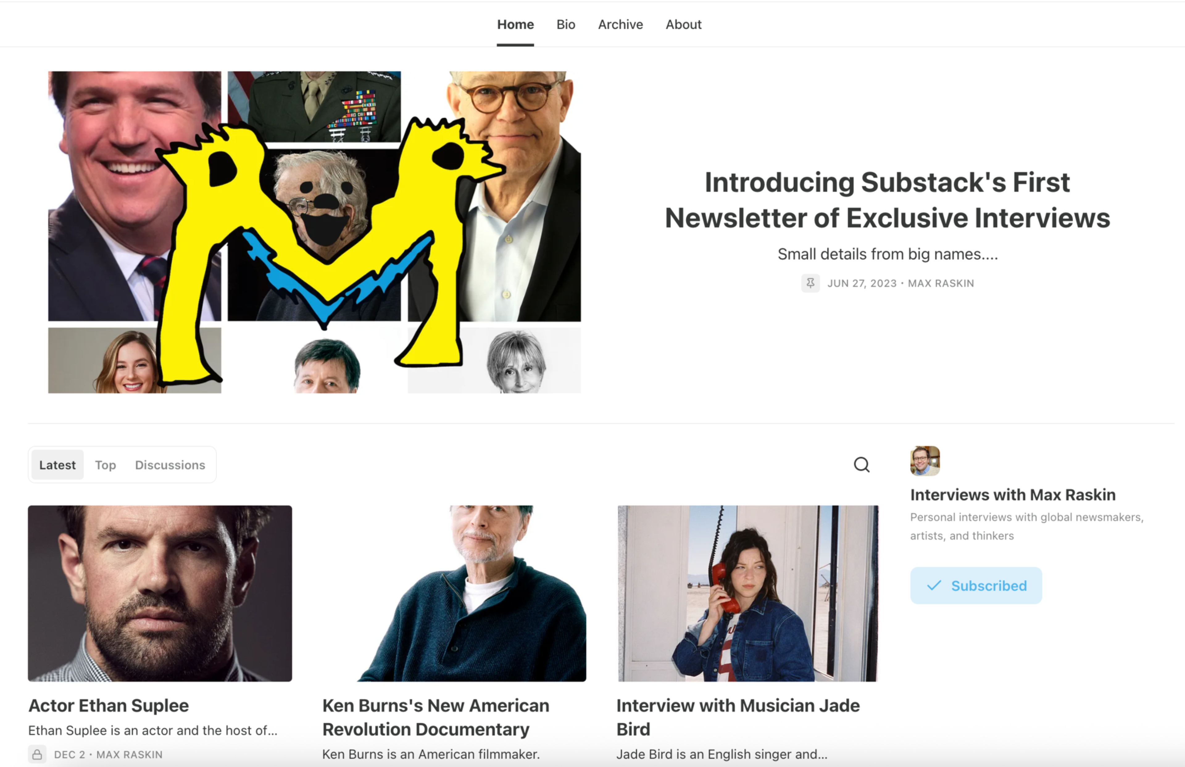 A website page for Substack’s “Interviews with Max Raskin” newsletter shows a header with photos and a yellow “M” logo, featuring interviews with Ethan Suplee, Ken Burns, and Jade Bird.