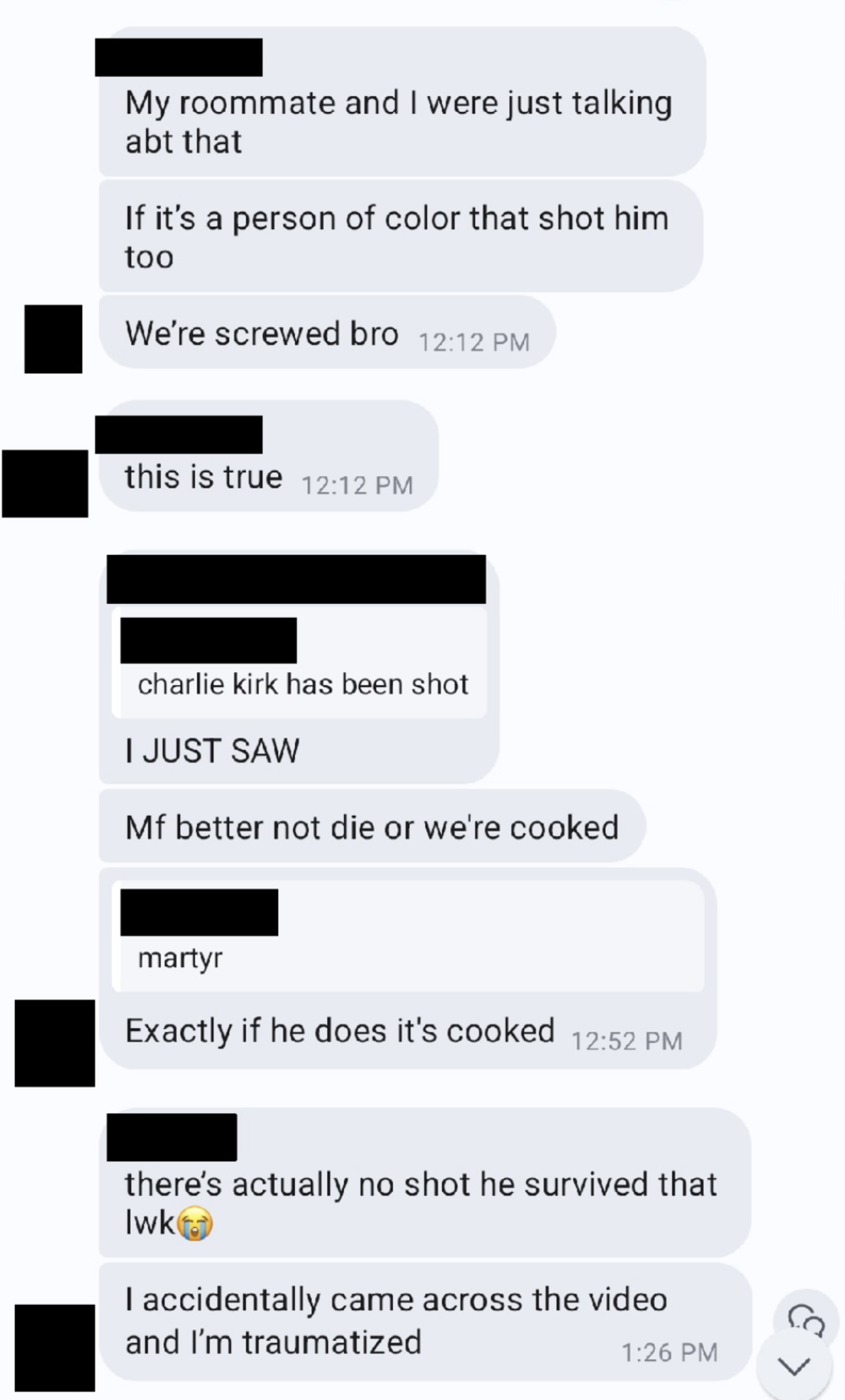 A conversation discussing concern over someone named Charlie Kirk being shot, expressing fear about the shooter’s identity and trauma from seeing a video.