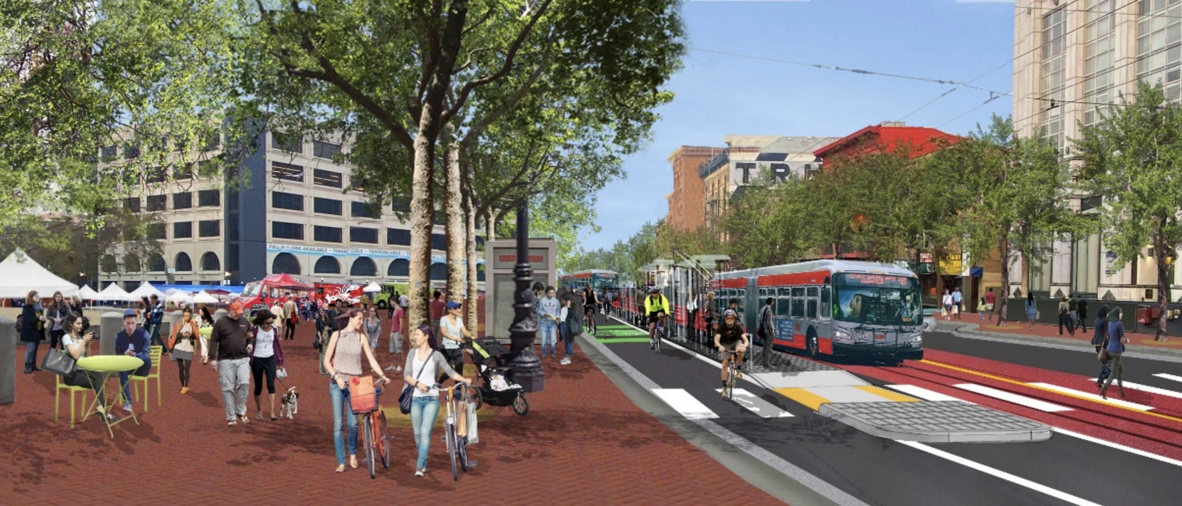A rendering of a populated street and sidewalk.