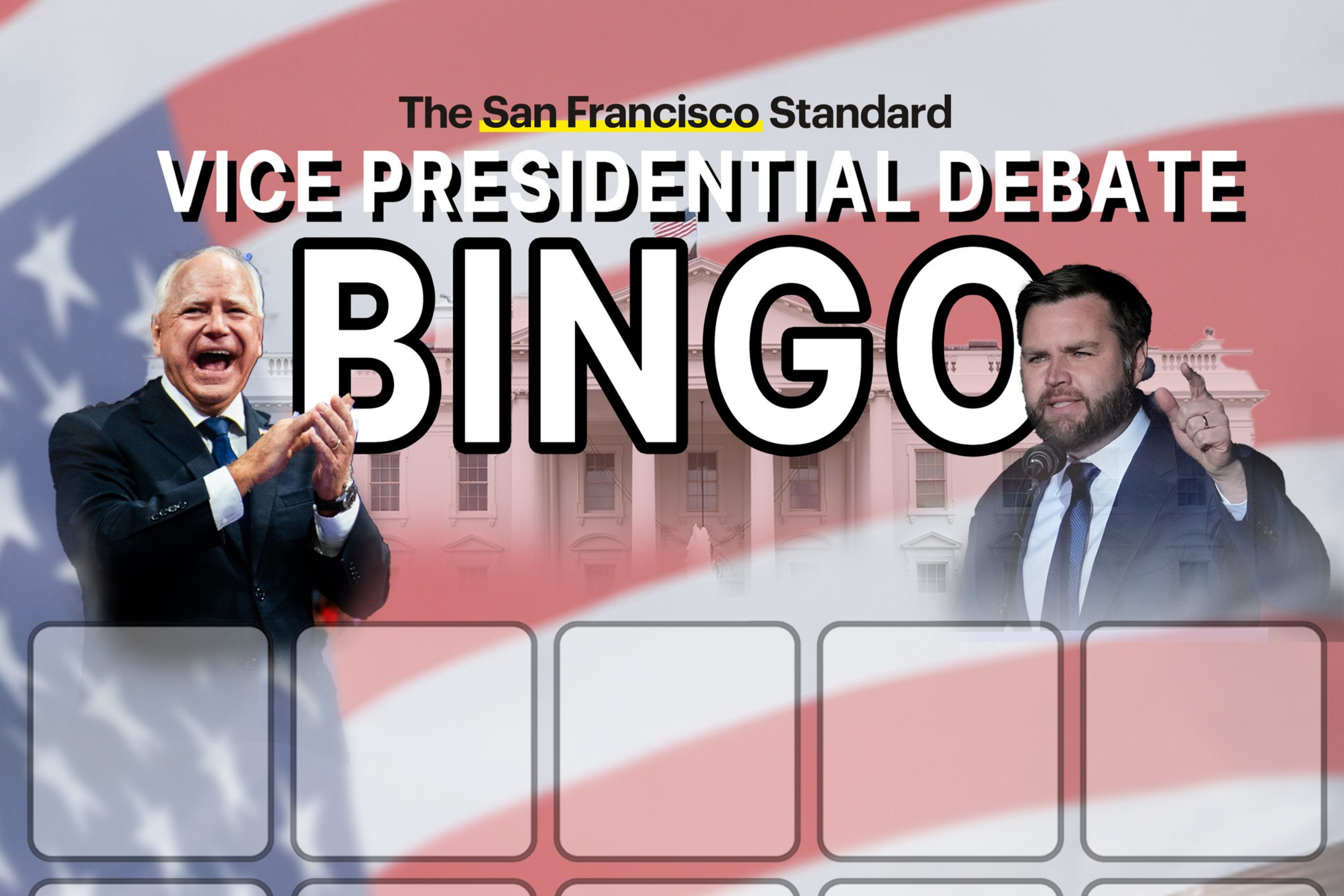 The image features "VICE PRESIDENTIAL DEBATE BINGO" in bold text with images of two men, a smiling one on the left and a gesturing one on the right, against an American flag background.
