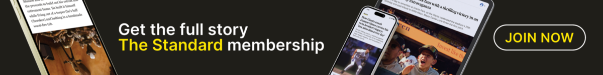 A promotional banner with phones and tablets showing news articles, with text encouraging joining "The Standard" membership and a "JOIN NOW" button.