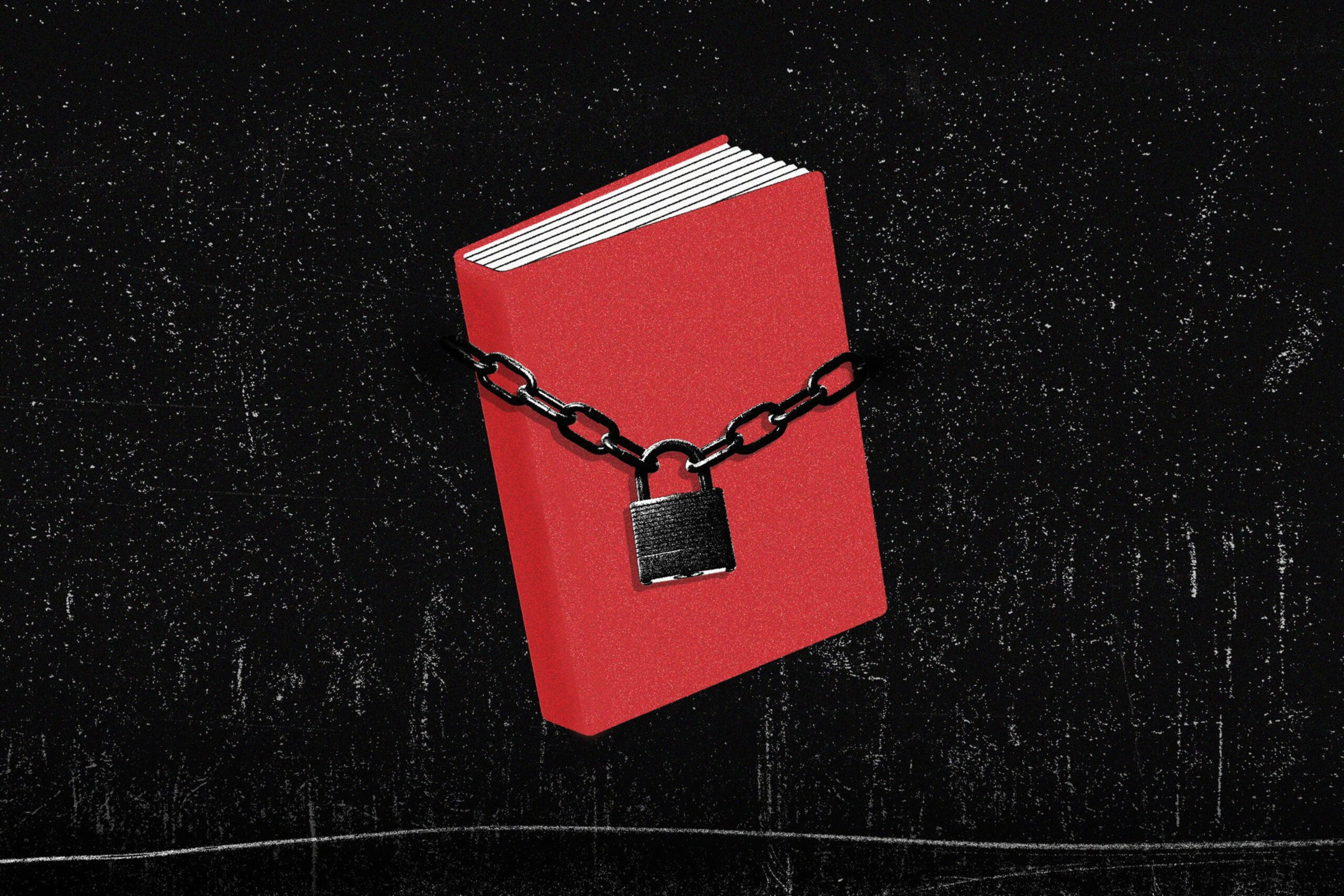 A red book is tightly wrapped with a black chain and secured by a black padlock against a textured black background.