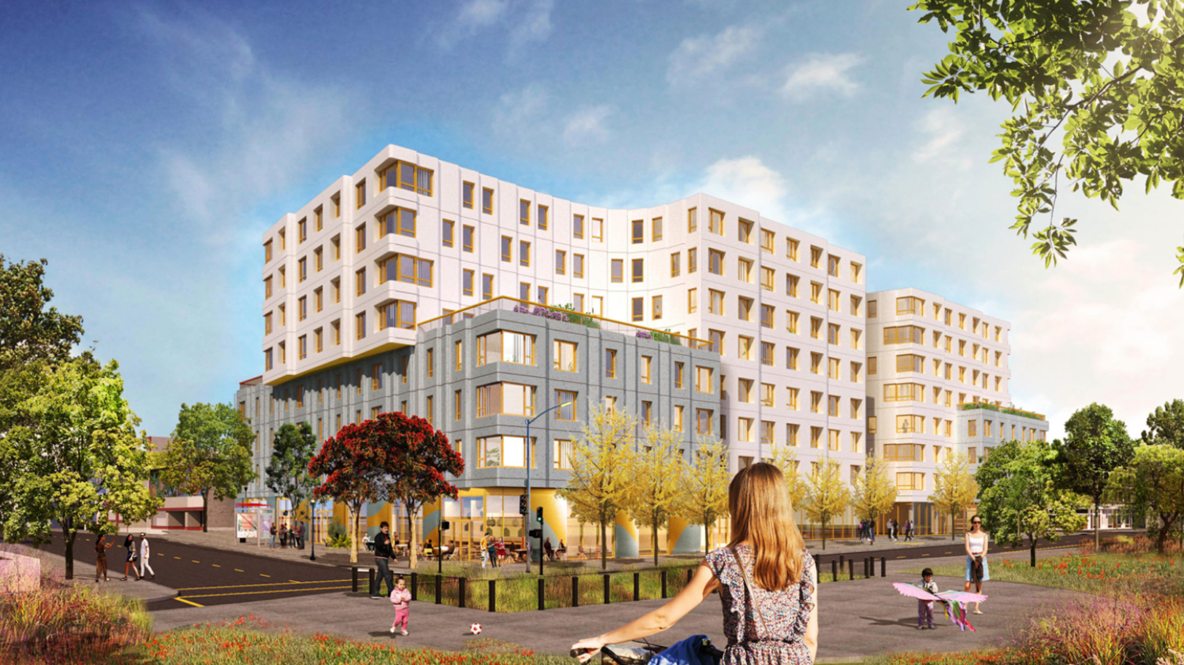 A modern multi-story apartment building with large windows stands behind trees and people walking, cycling, and playing in a vibrant, sunny neighborhood.