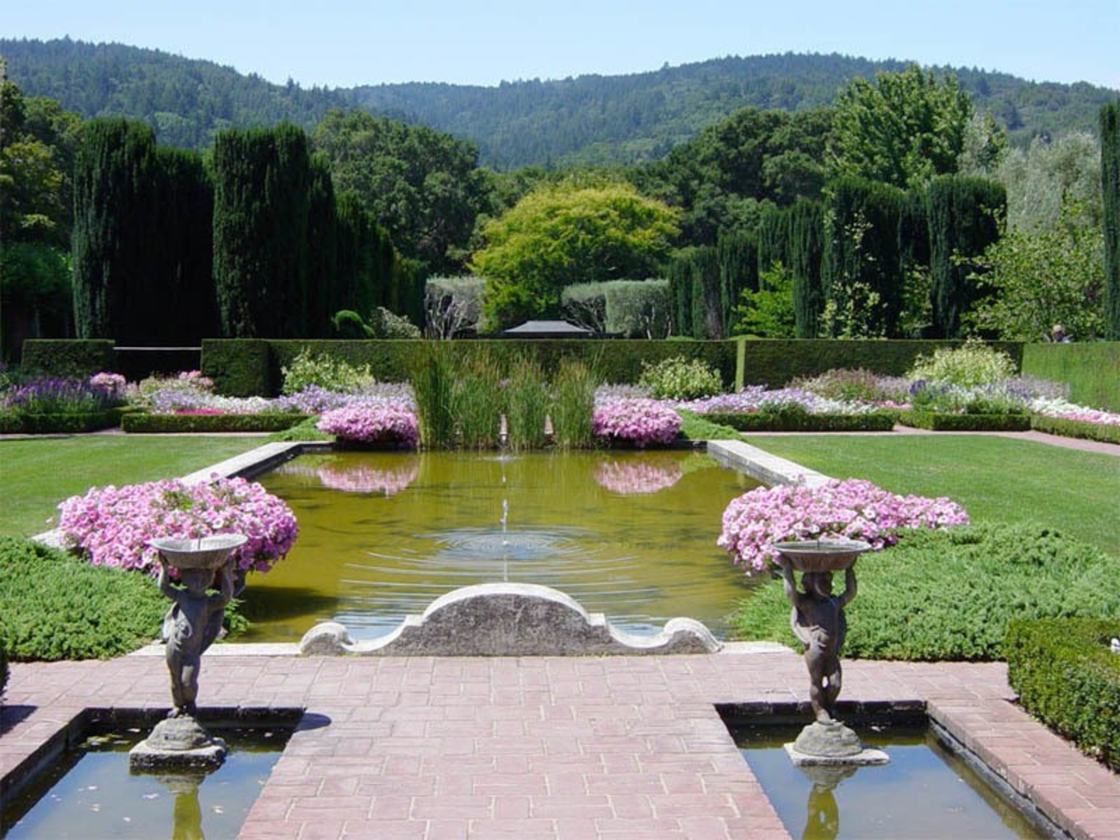 A large outdoor garden area with a large sunken pool on a sunny day.