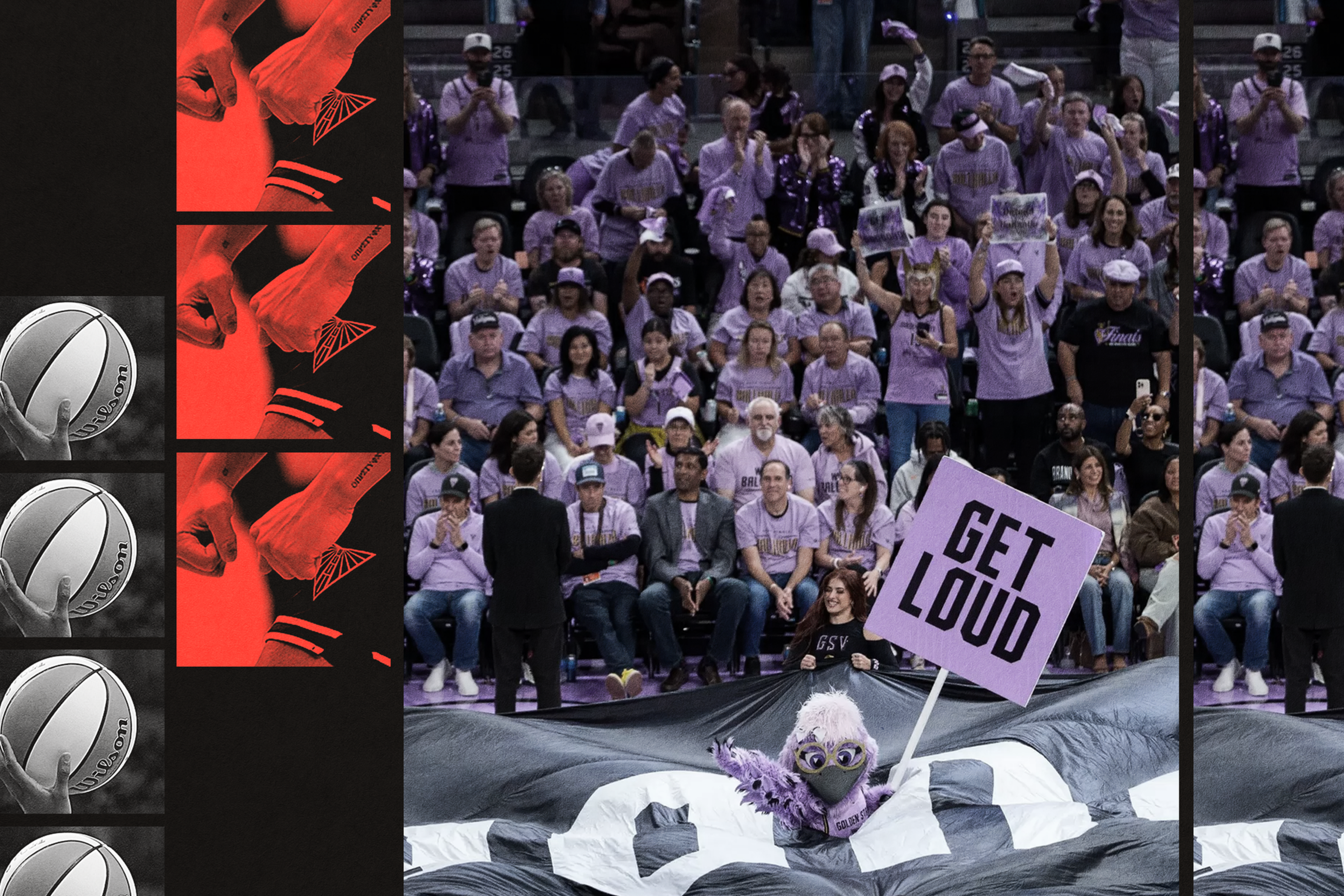 A crowd in purple shirts cheers in stands as a mascot holding a "GET LOUD" sign stands on a large banner, with images of hands and rugby balls to the side.