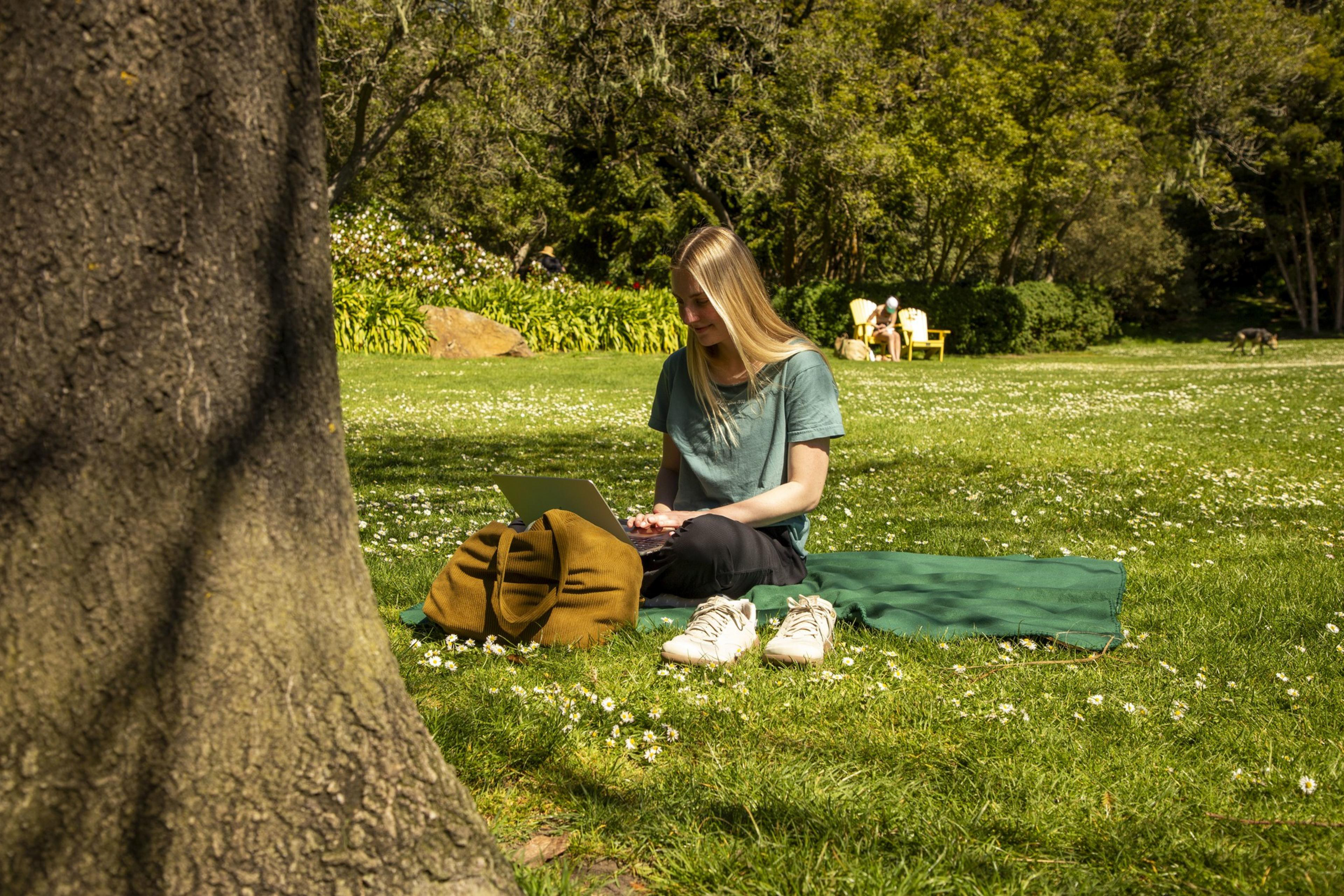 A person is sitting on a green mat in a grassy park, working on a laptop. There's a brown bag and shoes beside them. Trees and distant people are in the background.