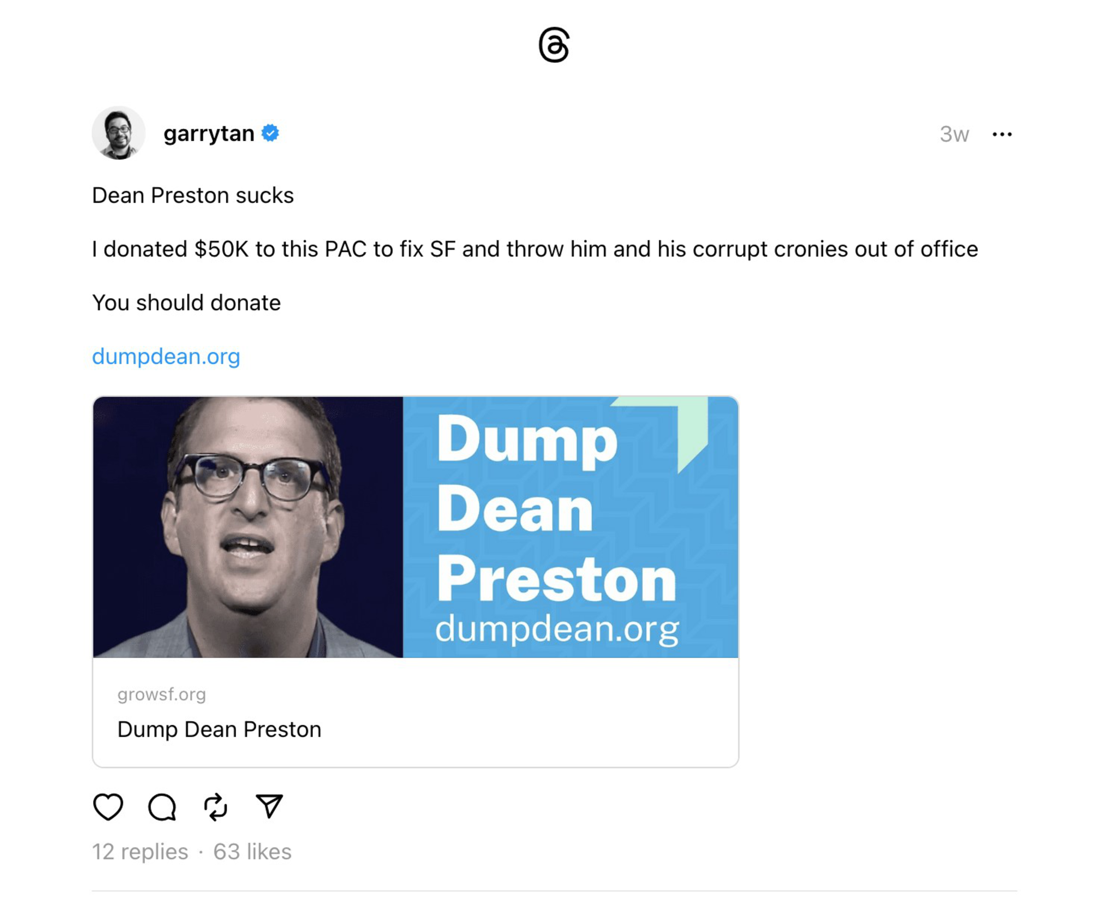 A social media post urges donations to a PAC to remove Dean Preston from office, labeling him and his associates as corrupt, with a website link included.