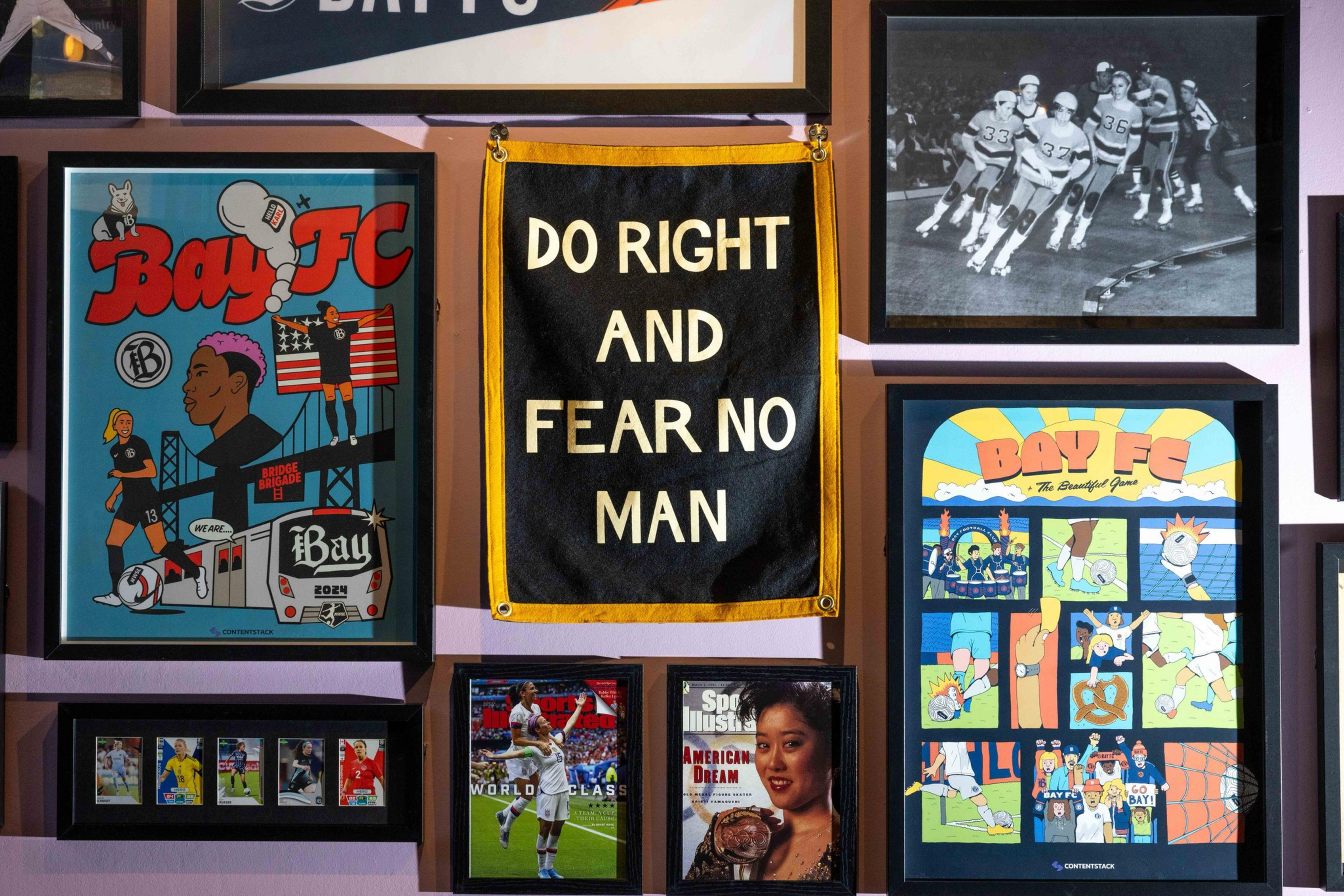 The image showcases a collage of sports-themed posters, photos, and a banner reading "Do Right and Fear No Man," all arranged on a wall.