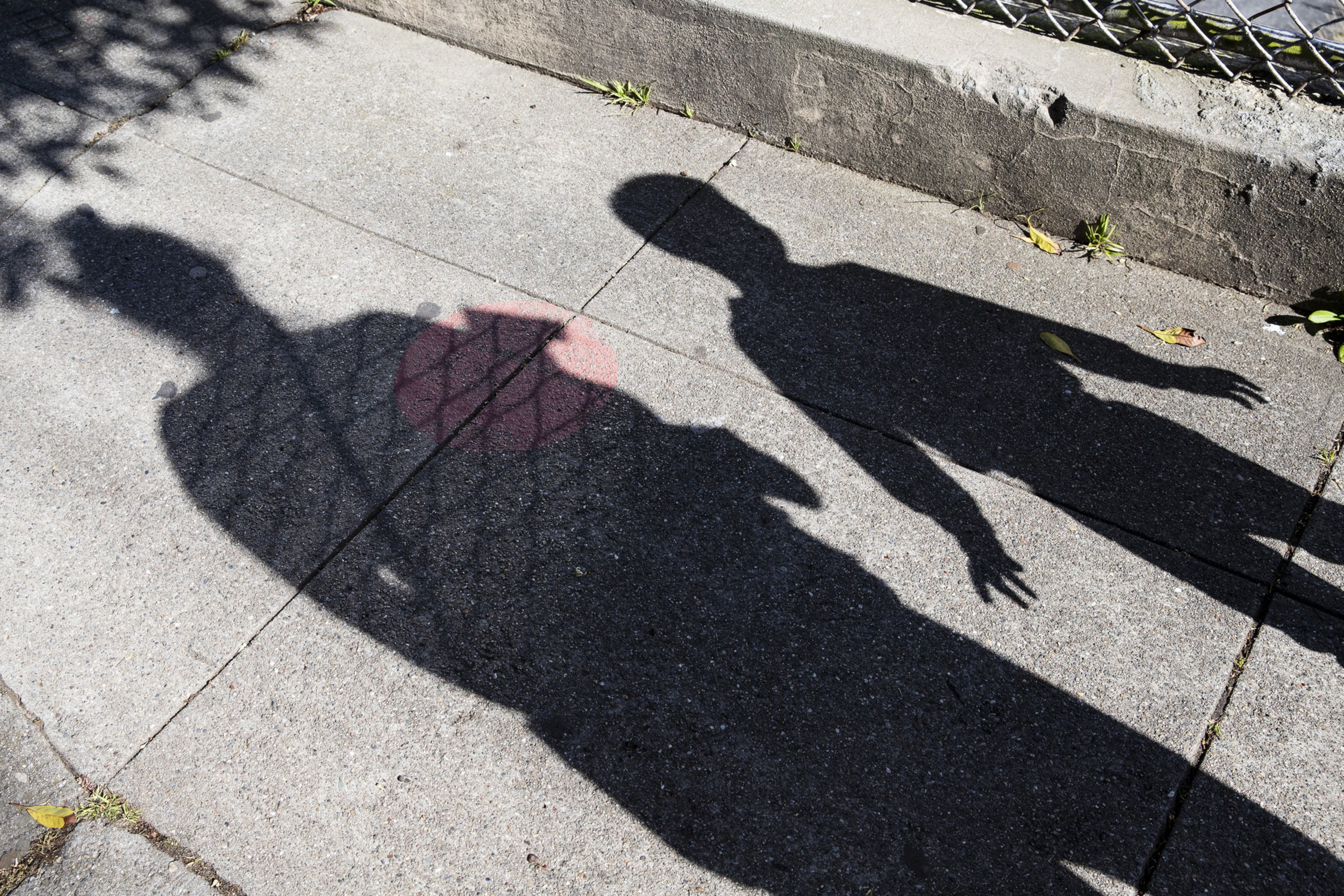 Shadows of two people are cast on a sidewalk, one holding a basketball, near a chain-link fence and a concrete curb.