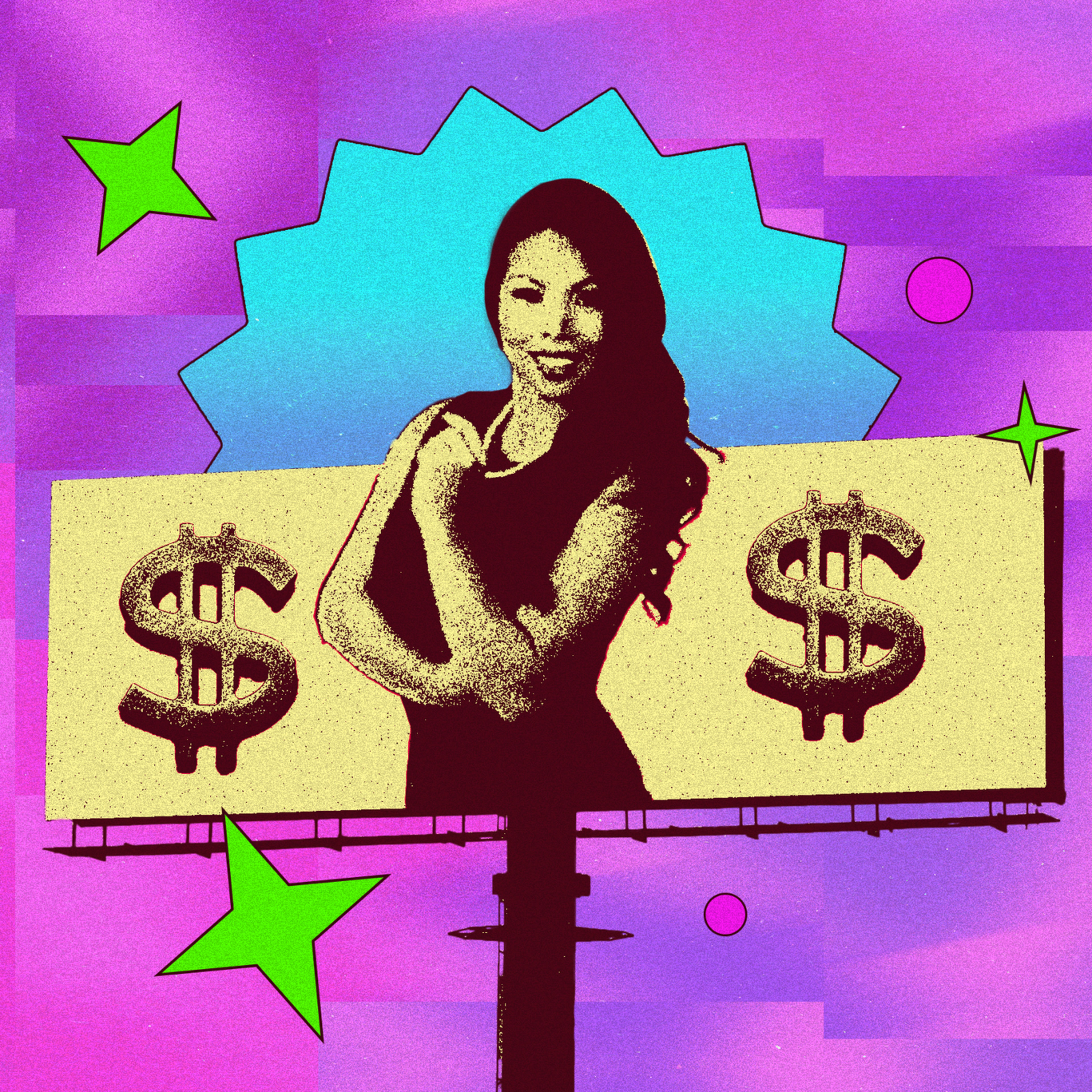 A photo illustration depicting a woman with long hair on a billboard.