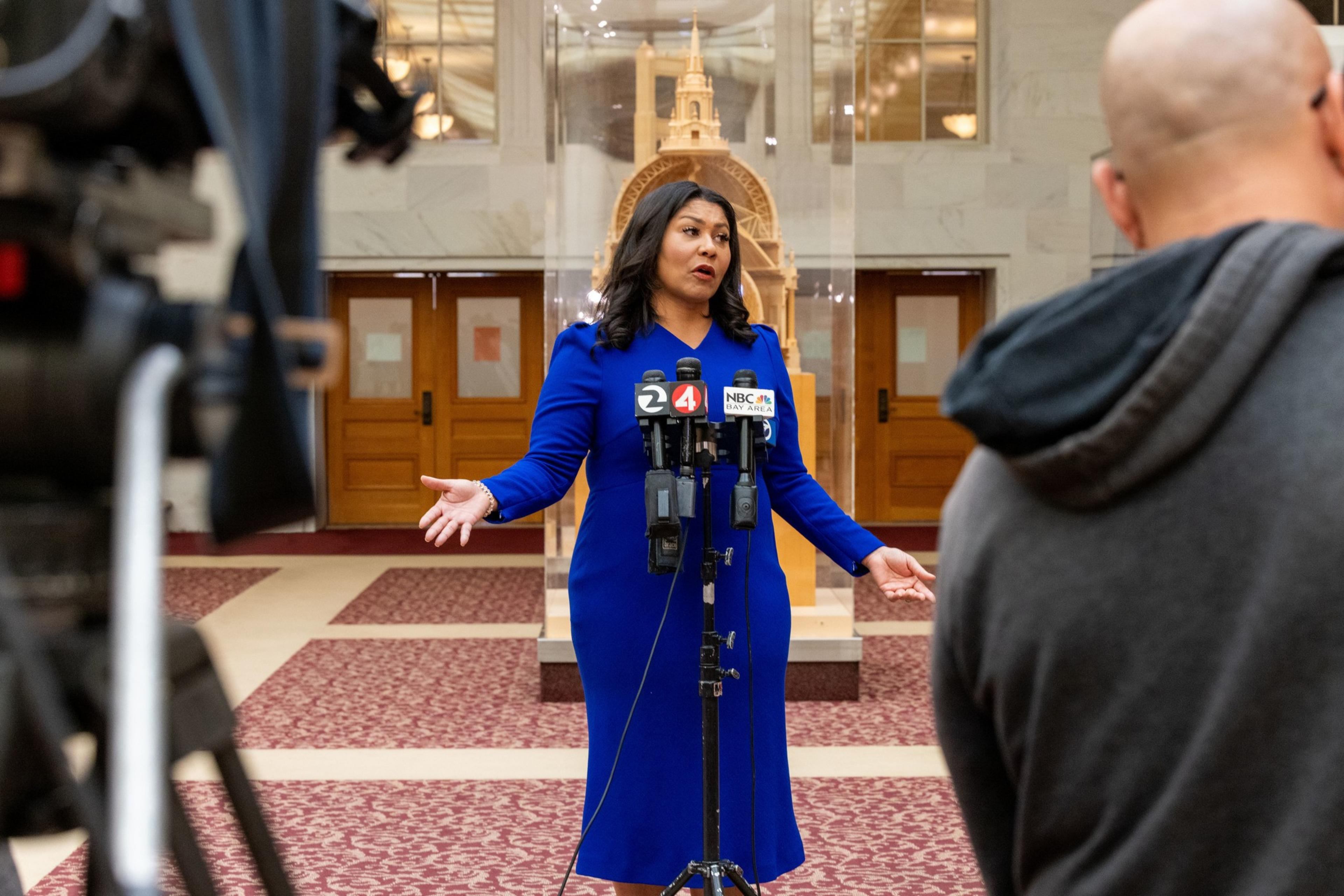 A woman in a blue dress speaks at a podium with several microphones bearing news logos, inside a grand building with red carpet and wooden doors. Two people are recording her.