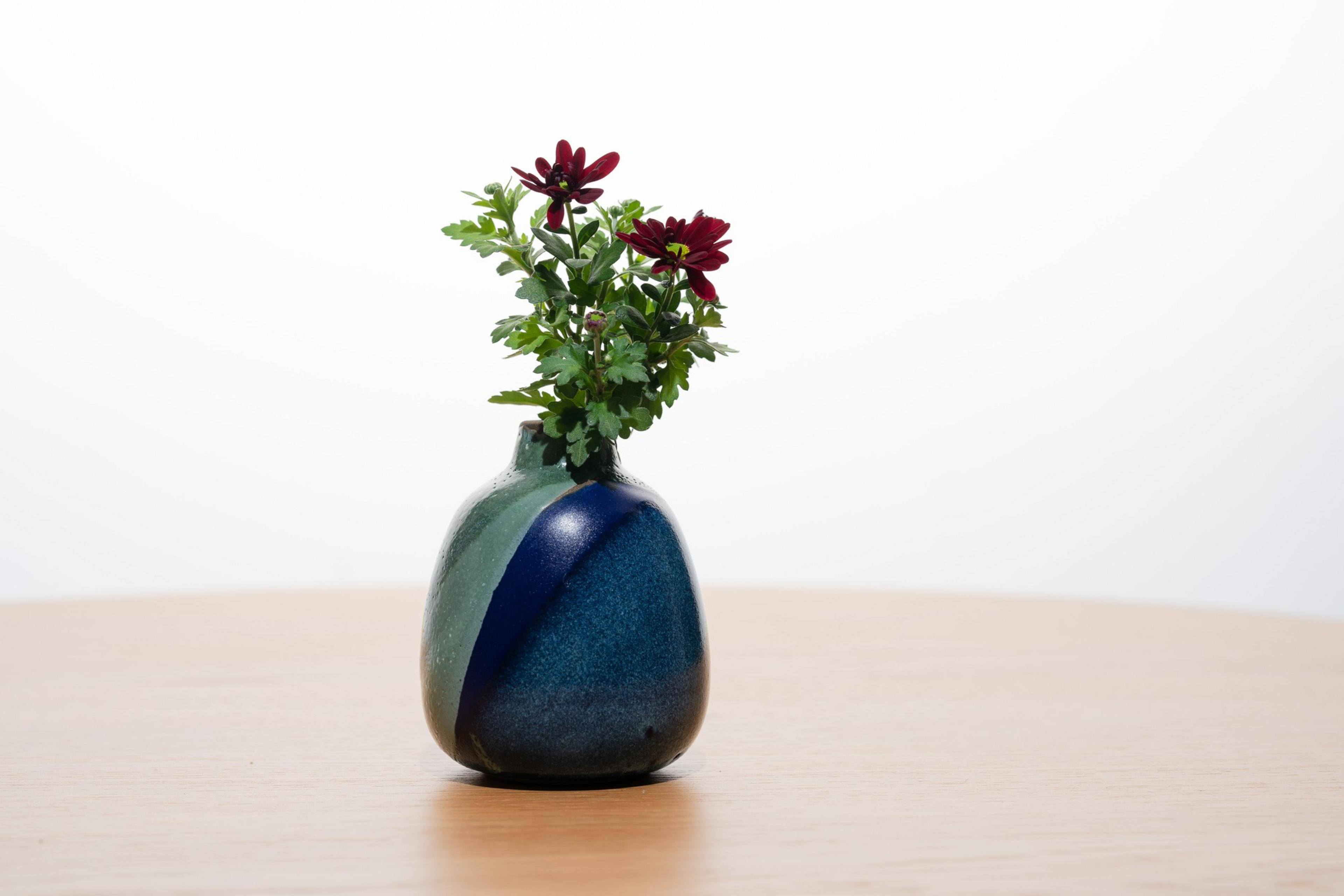 A blue and green ceramic vase with red flowers sits on a wooden table against a white background.