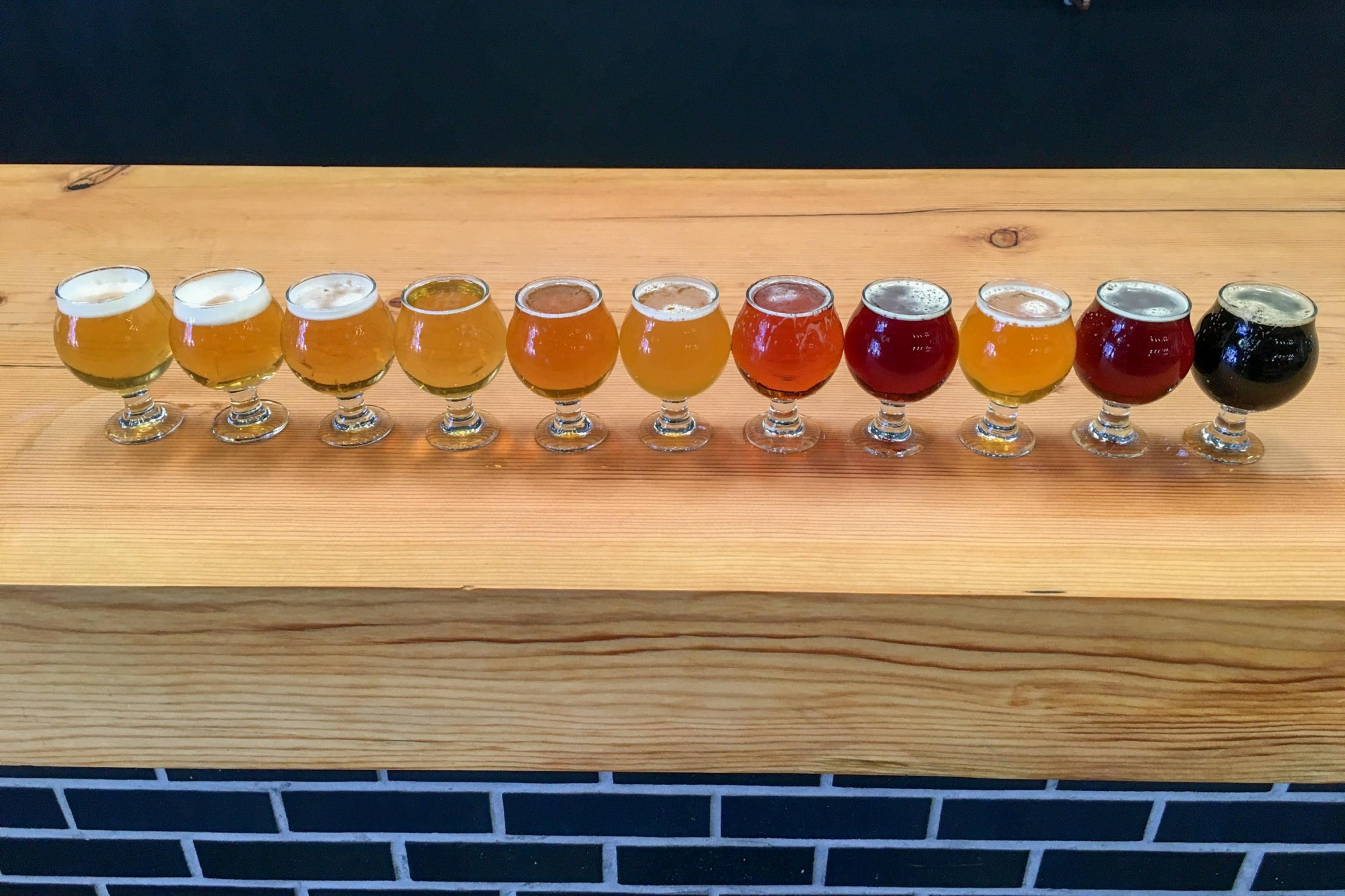 Ten glasses of beer, each with different shades from light to dark, are lined up on a wooden counter against a dark background.