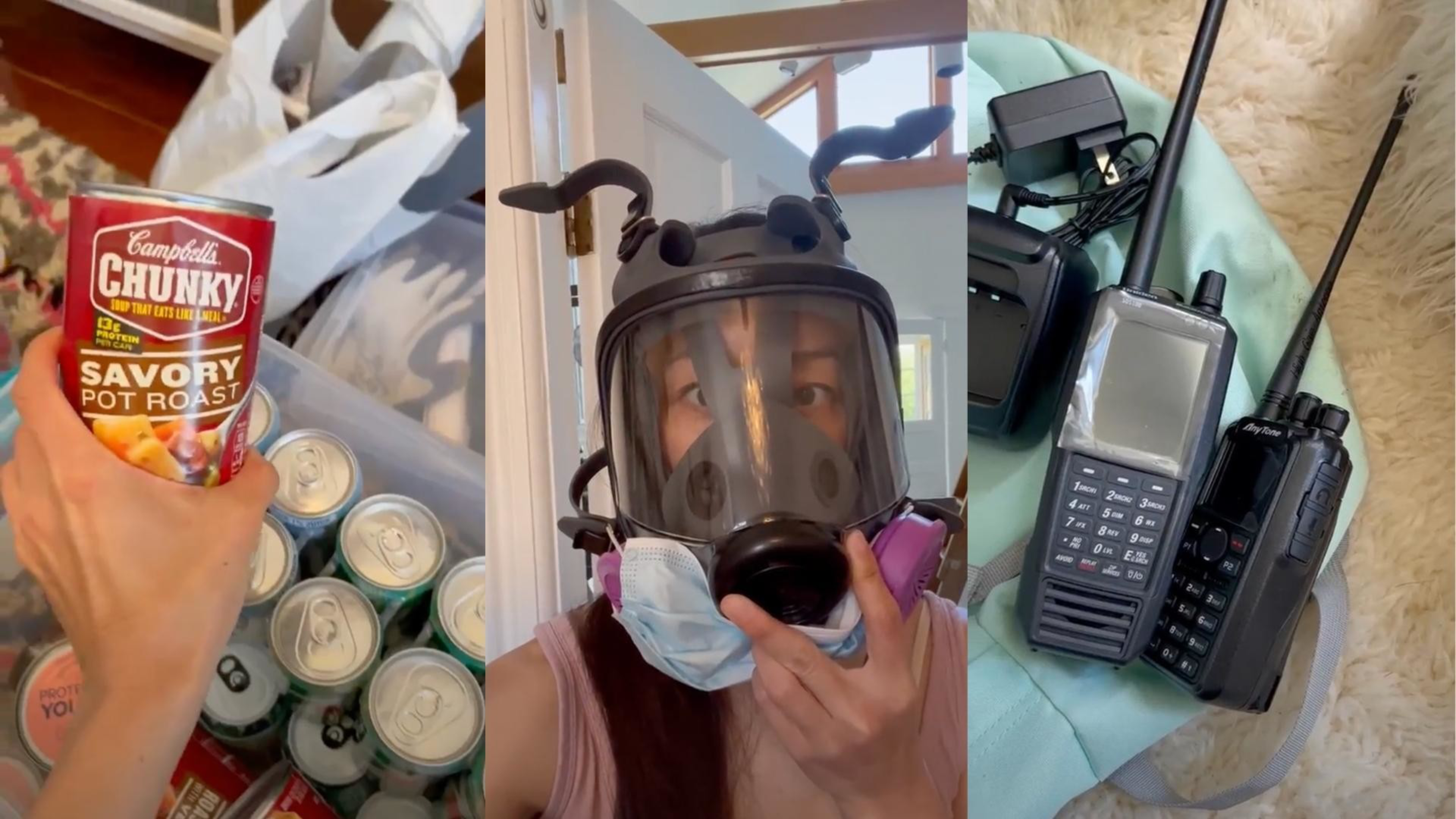 A hand holds a can of Campbell’s Chunky Savory Pot Roast soup over canned drinks, a person wears a black full-face gas mask with a surgical mask below it, and three walkie-talkies lie on a light blue fabric.