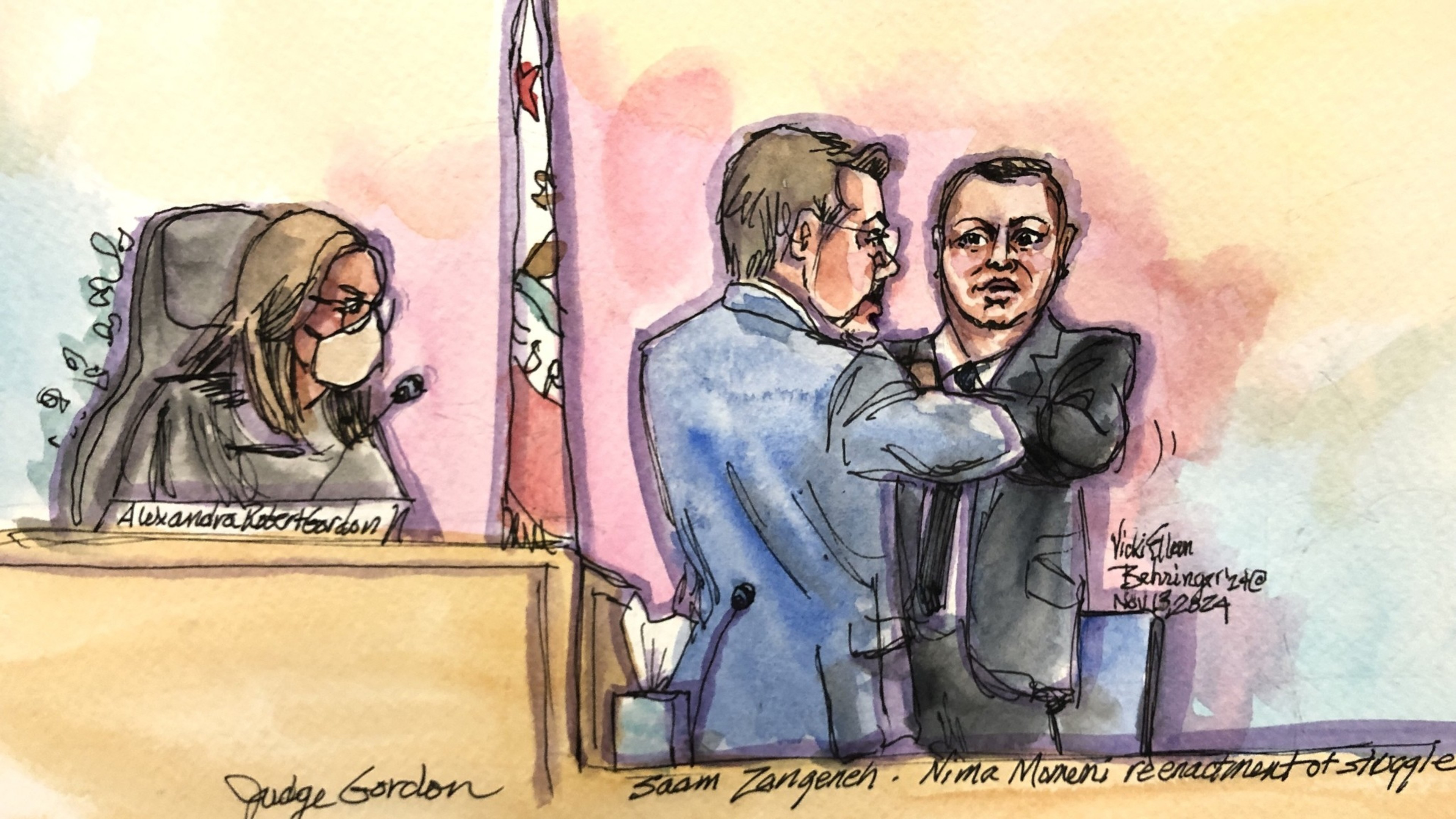 A courtroom sketch shows a masked judge named Alexandra Gordon at a bench, observing two men engaged in an animated discussion, possibly reenacting a scene.