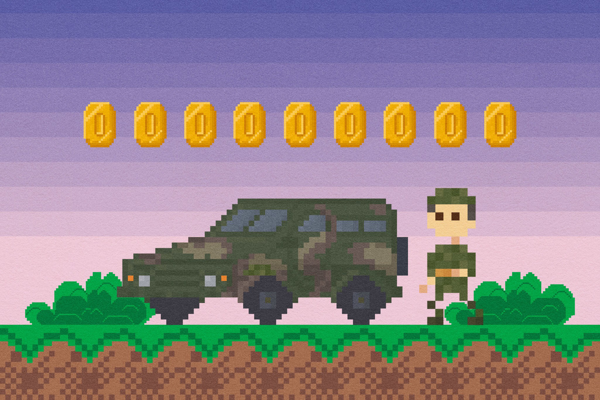 A pixel-art scene shows a soldier and a camouflaged vehicle on grassy terrain, with a row of gold coins floating above. The background features a gradient sky.