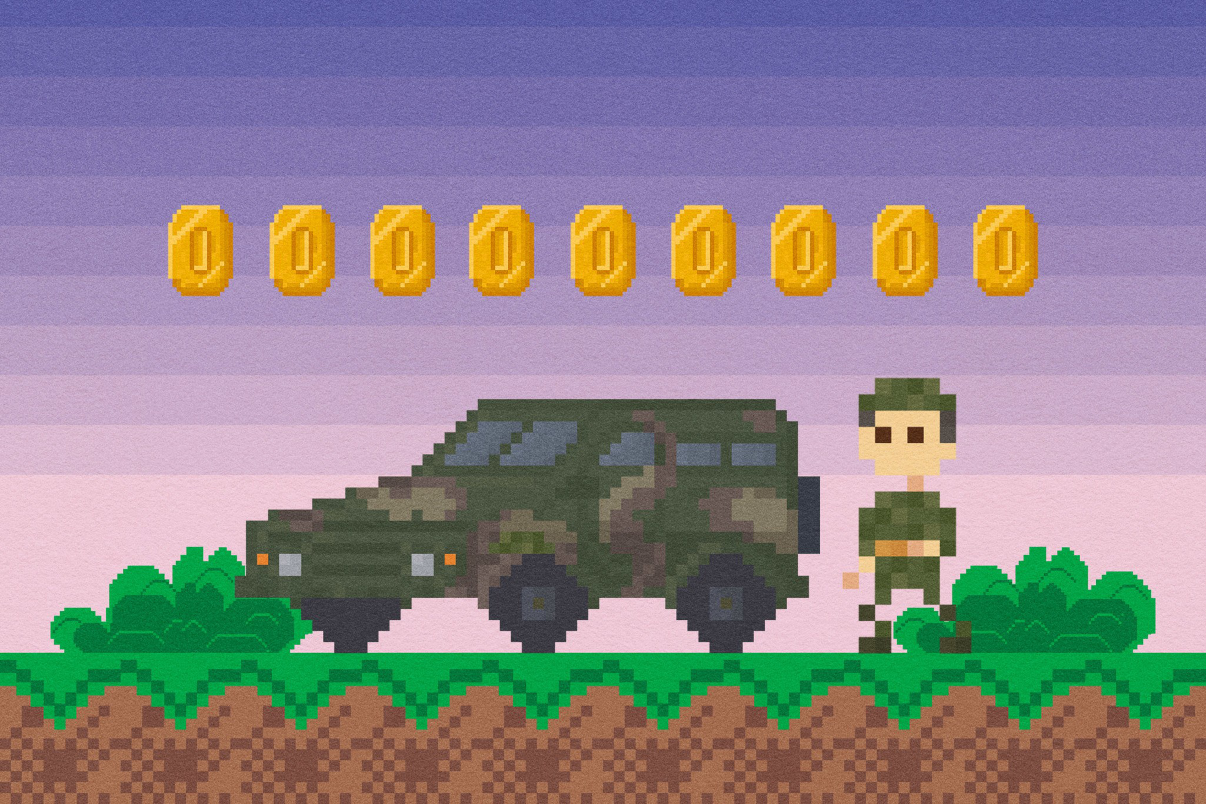 A pixel-art scene shows a soldier and a camouflaged vehicle on grassy terrain, with a row of gold coins floating above. The background features a gradient sky.