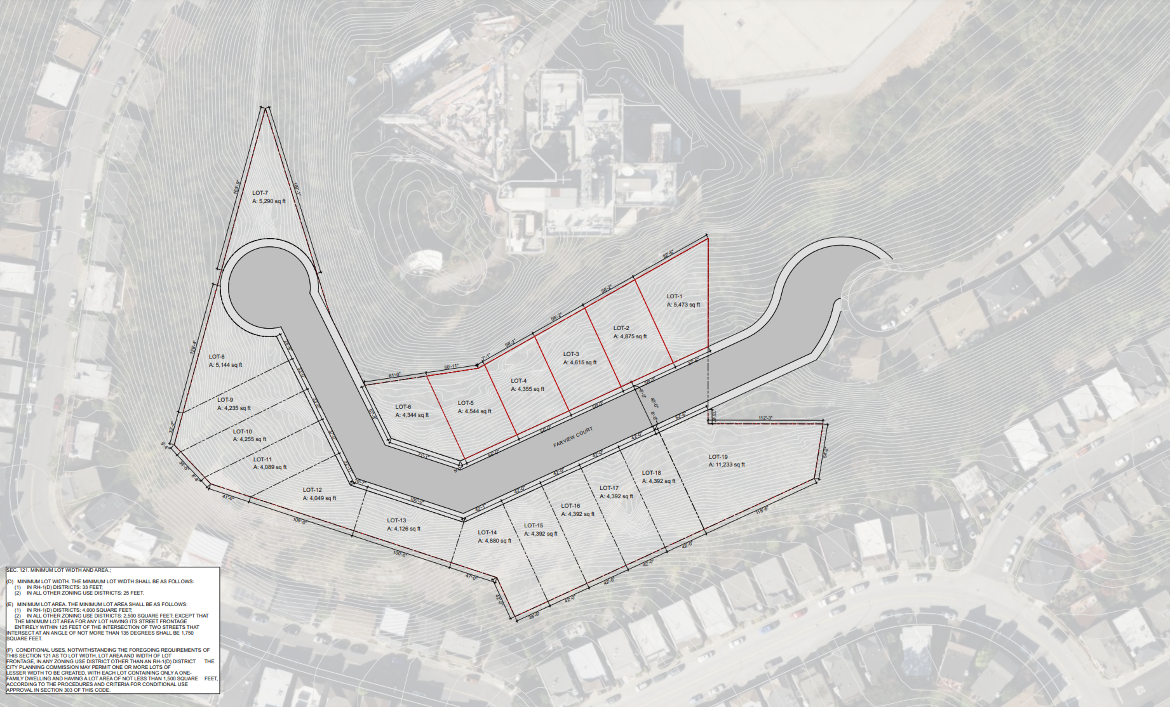 A site plan shows 19 numbered lots of various sizes arranged around a curved road and cul-de-sac, overlaid on an aerial neighborhood image.
