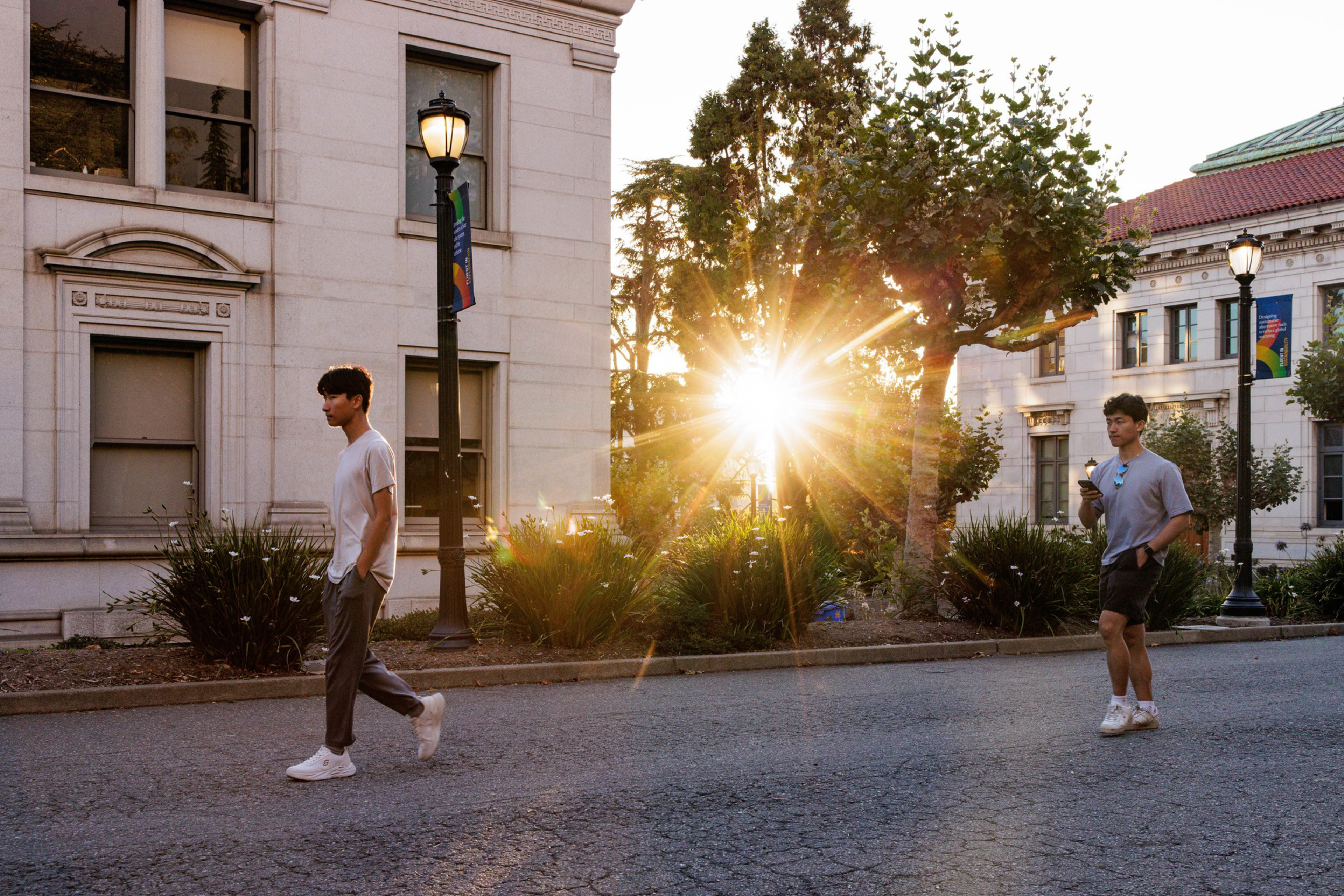 Two men walk on a quiet street near classic buildings at sunset, with one looking at his phone and the sun shining through trees.