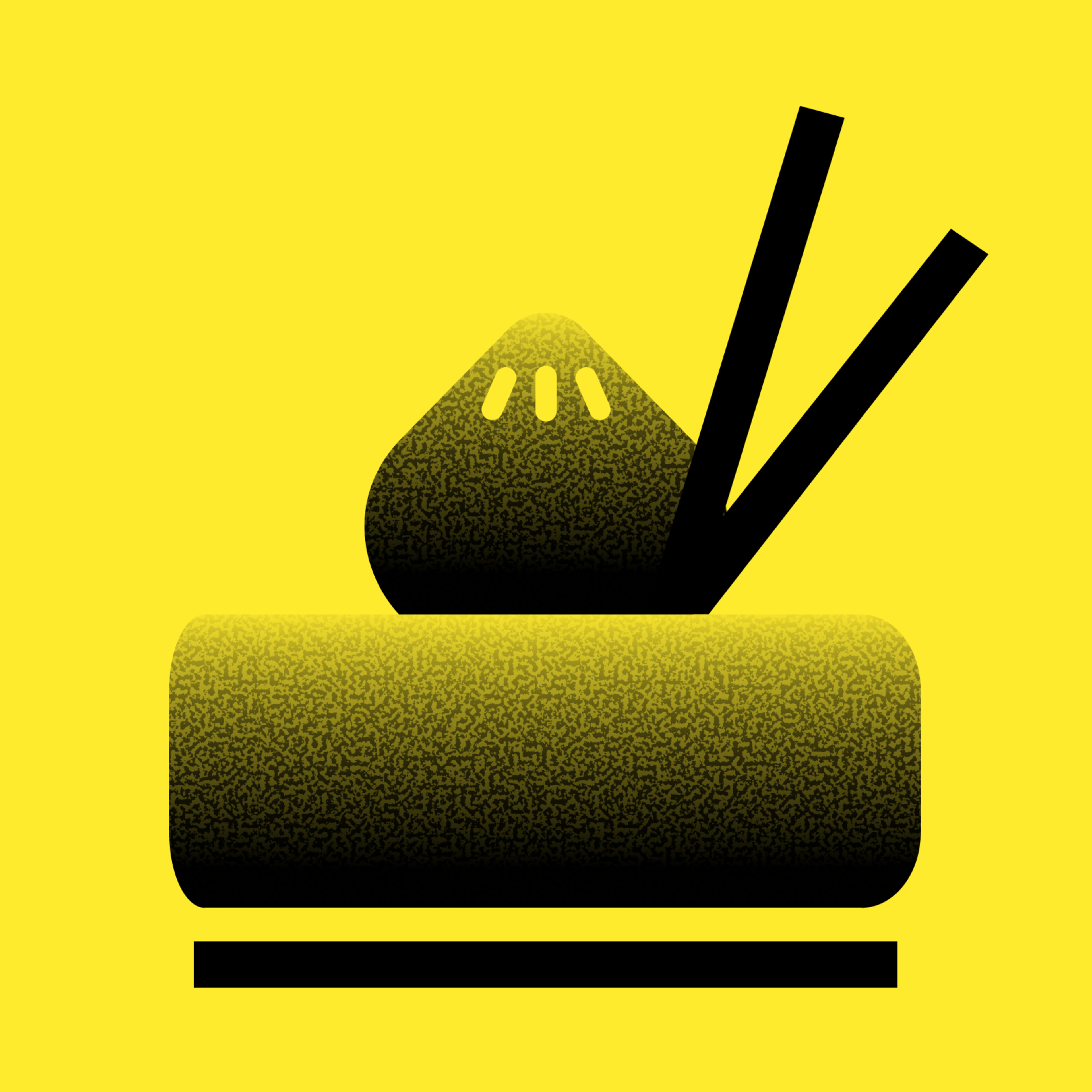 A yellow and black stylized sushi roll with chopsticks resting on top, set against a bright yellow background.