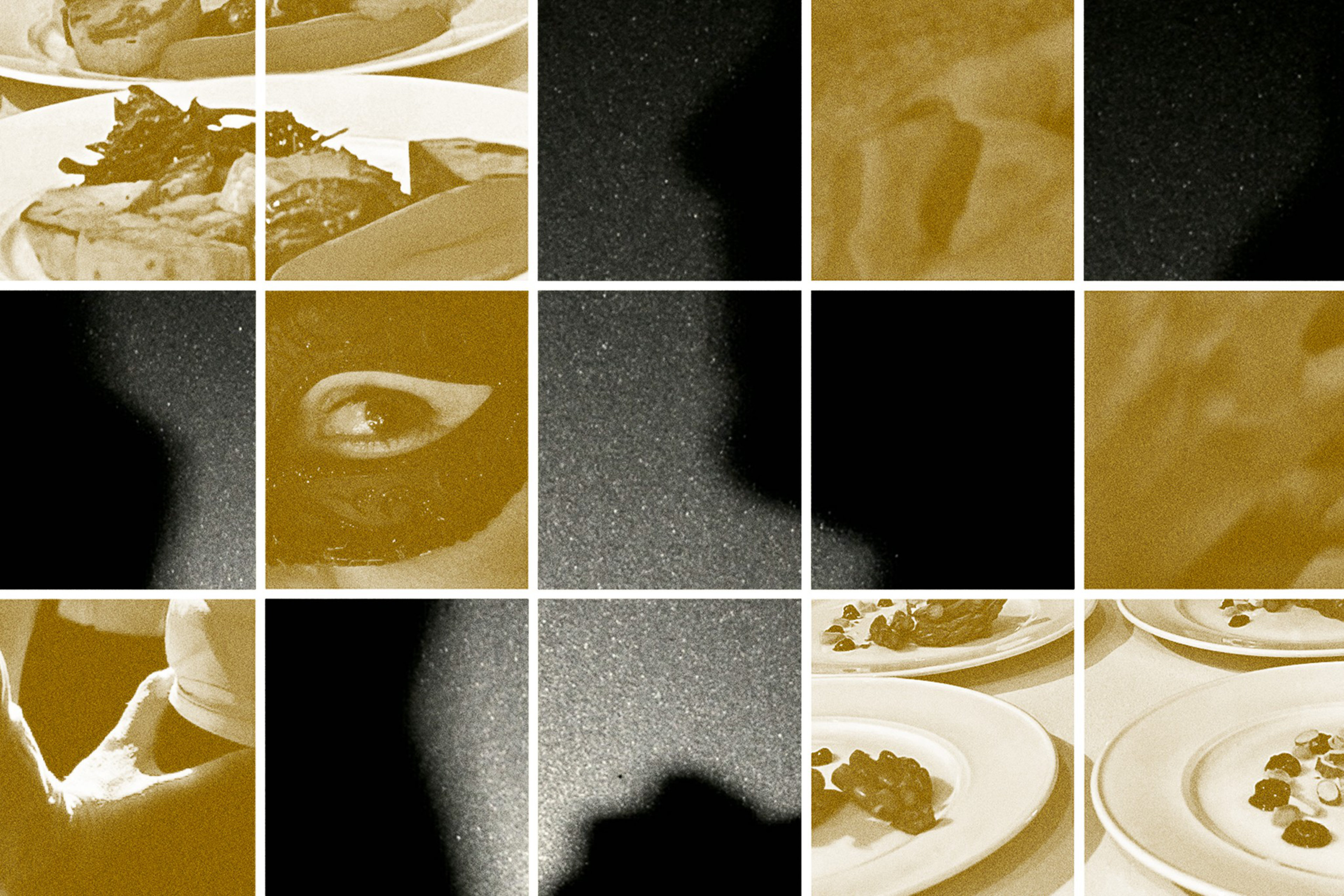 Plates with food and a close-up of an eye partially covered by a mask are arranged in a grid with some black and sepia-tinted sections.