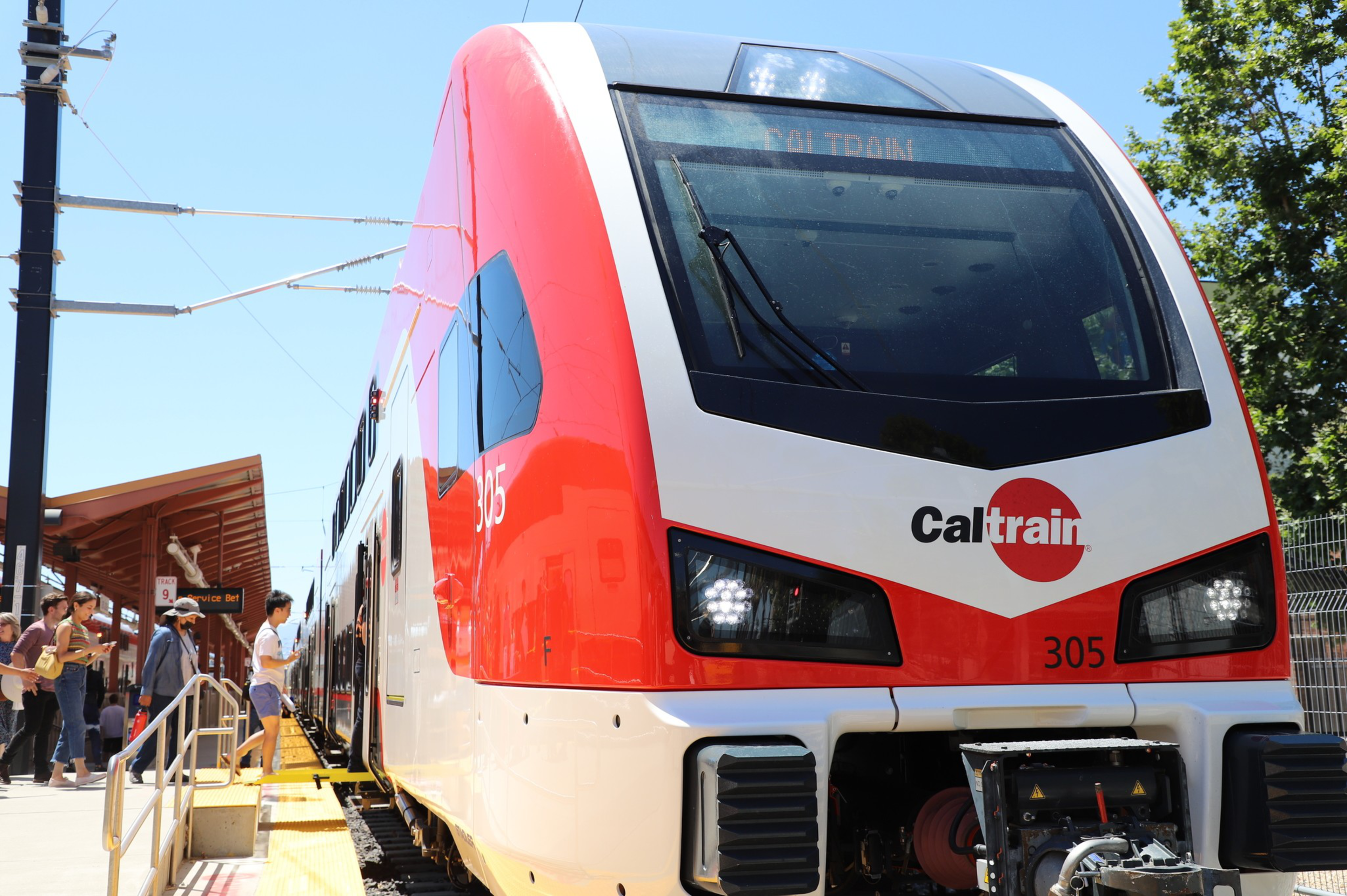 A red and white train.