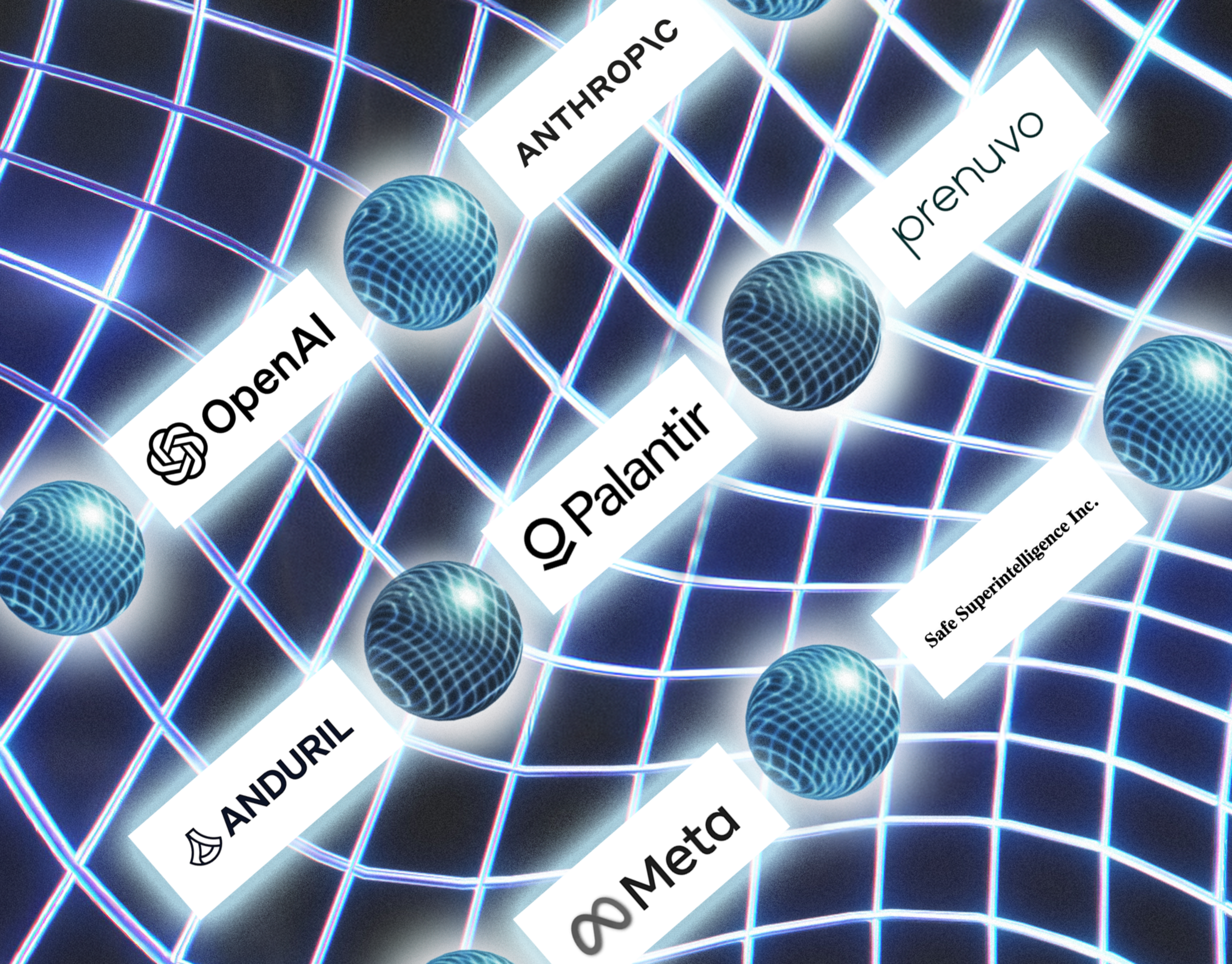 Blue, grid-like waves with floating dark spheres and white labels displaying the names of AI companies: OpenAI, Anthropic, Prenuvo, Palantir, Anduril, Meta, and Safe Superintelligence Inc.