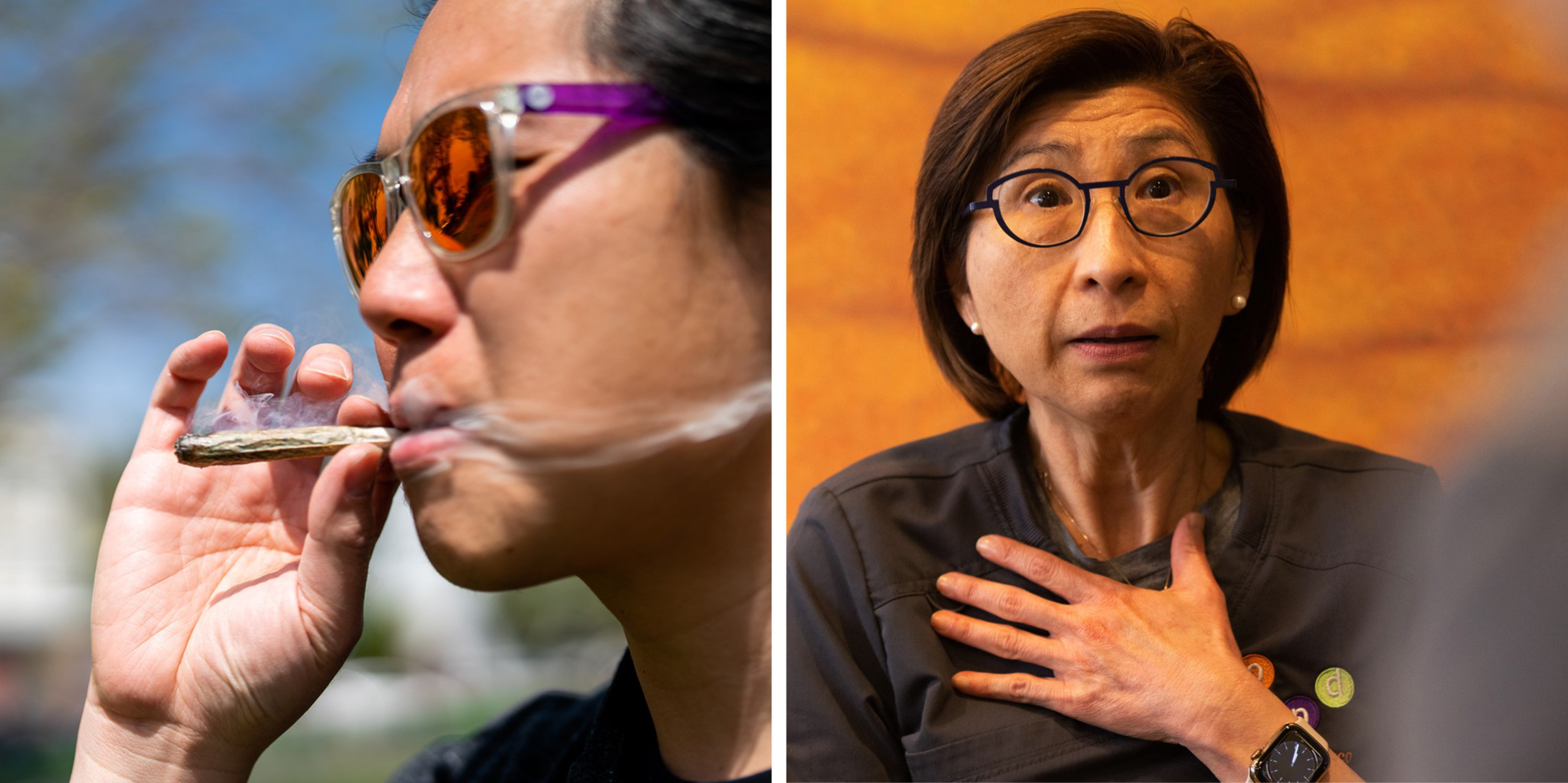 A person wearing sunglasses exhales smoke from a rolled cigarette, while another person with glasses and a watch looks surprised with a hand on their chest.
