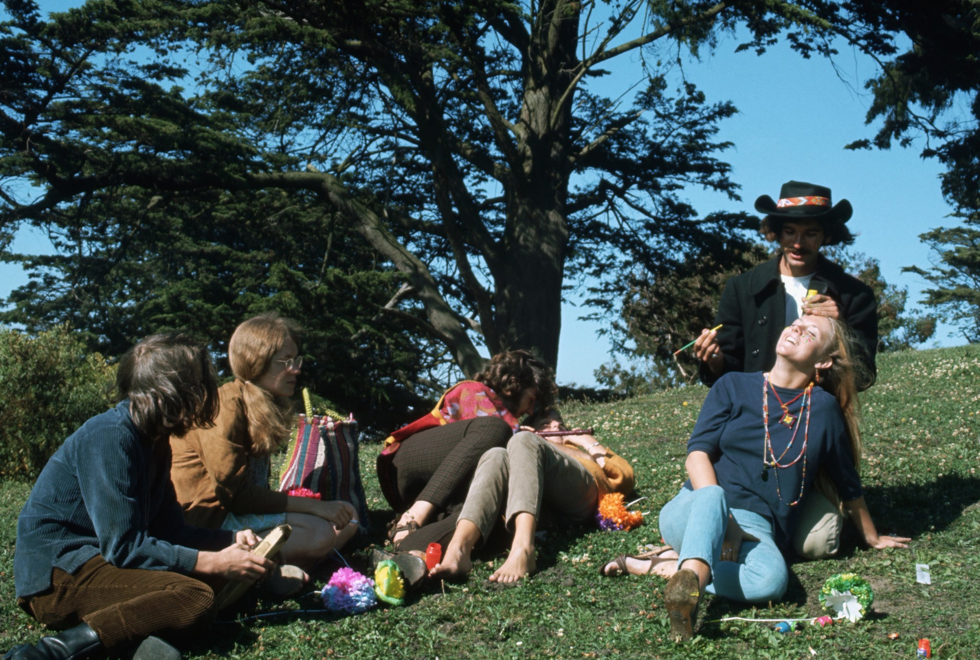 Six people relax and laugh together on a grassy hill under tall trees on a sunny day, with colorful flowers and casual clothing adding a playful vibe.