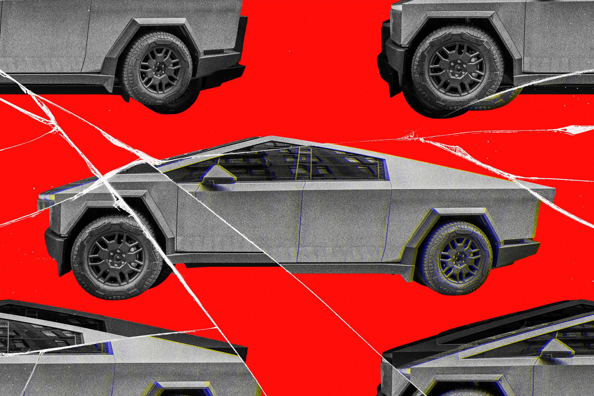 Multiple grayscale, angular electric trucks are arranged against a bright red background with white cracks running across the image.