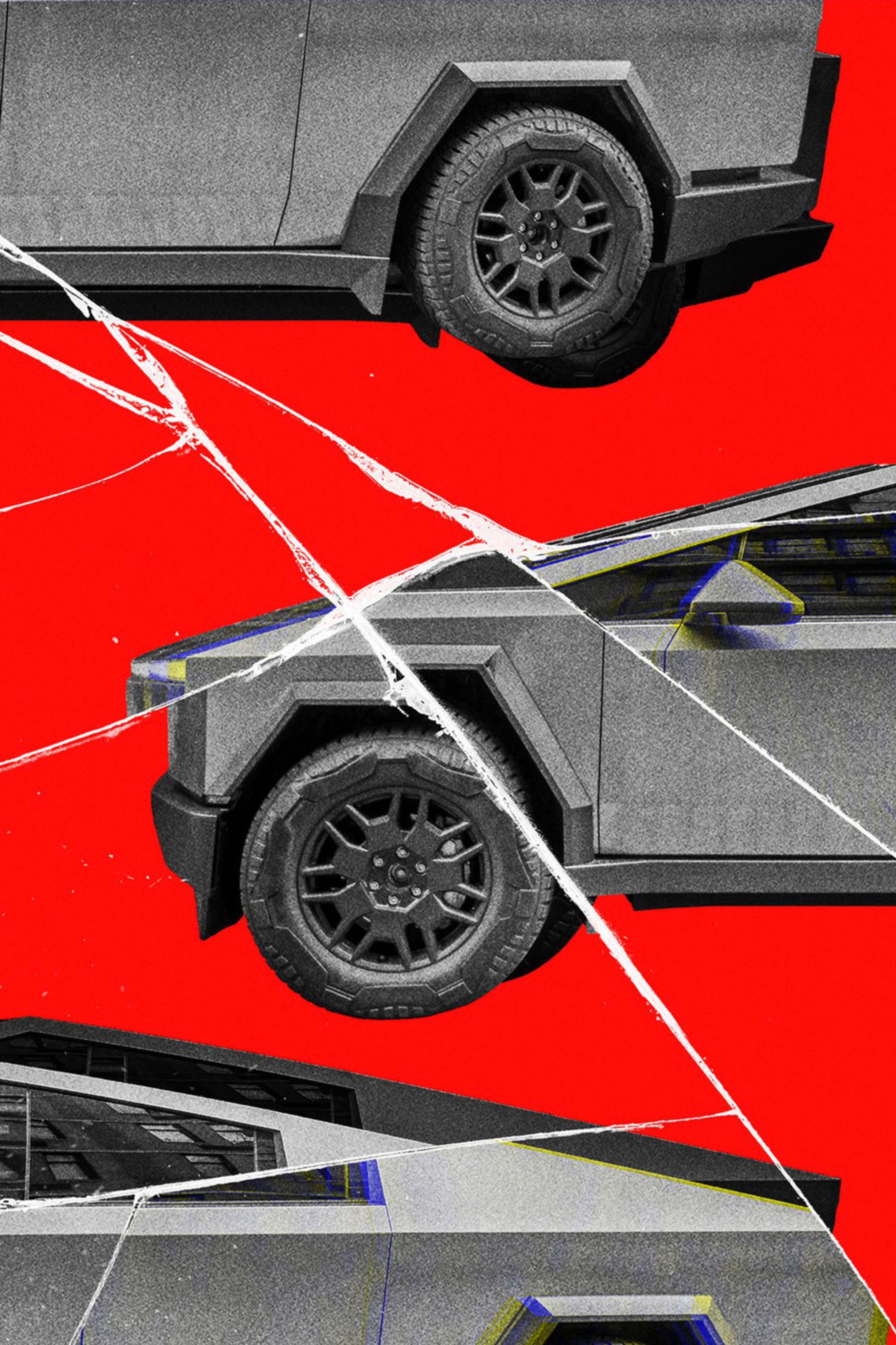 Multiple grayscale, angular electric trucks are arranged against a bright red background with white cracks running across the image.
