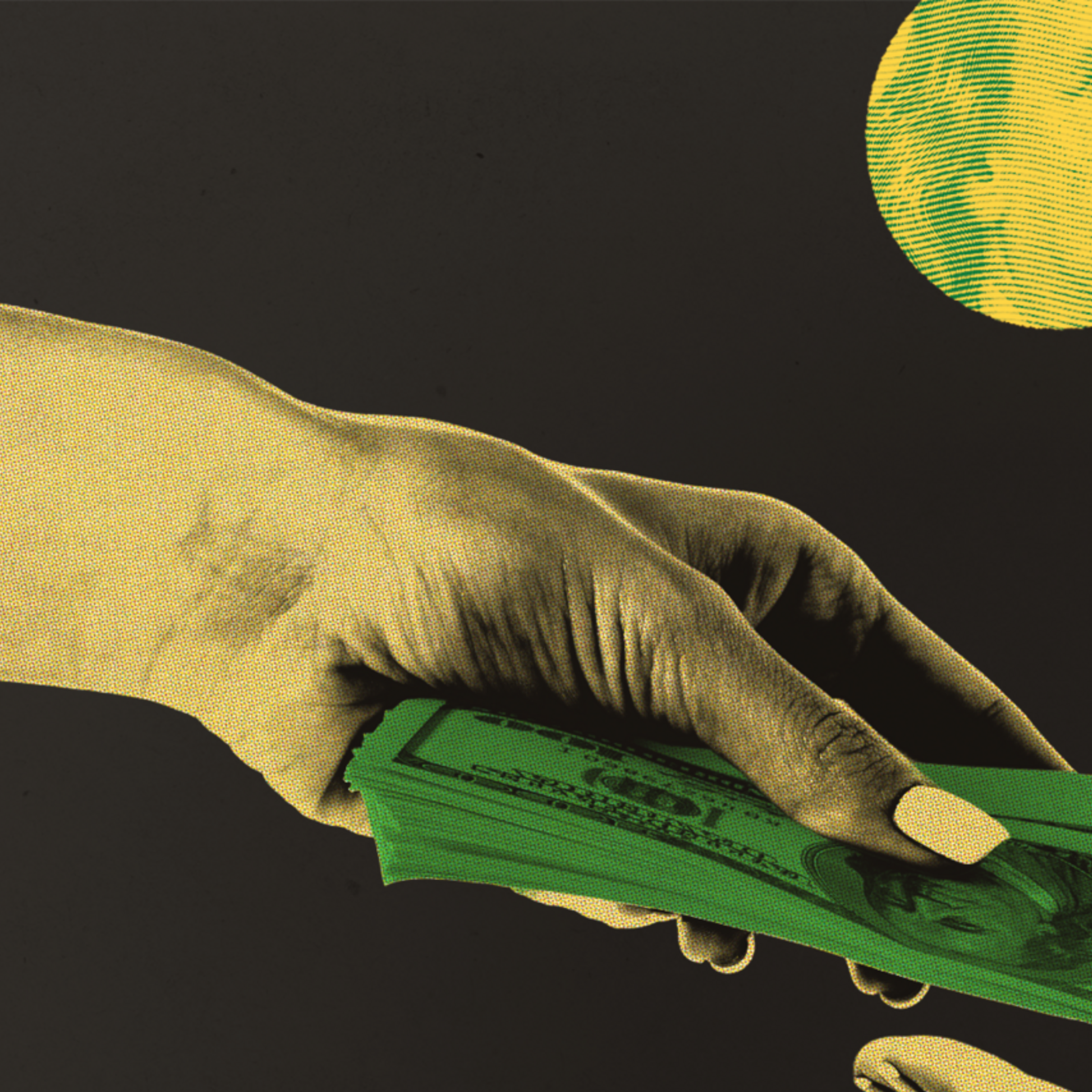 A photo collage of a hand giving another hand money