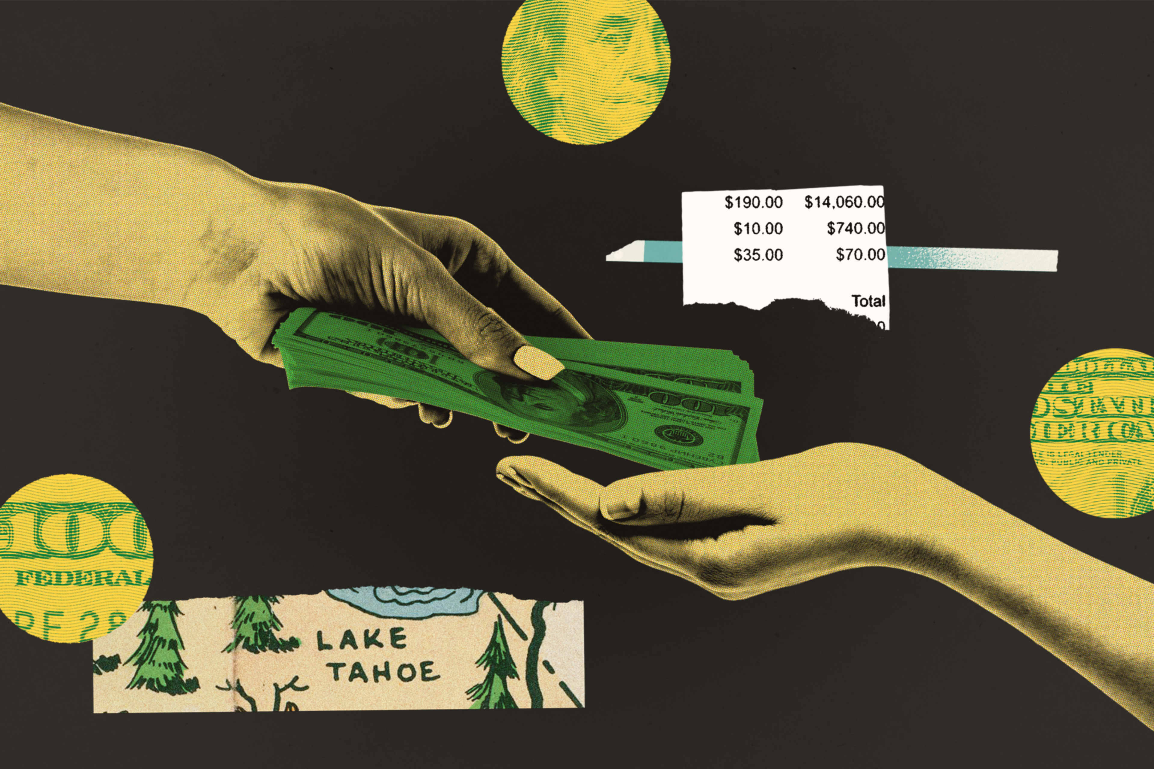 A photo collage of a hand giving another hand money